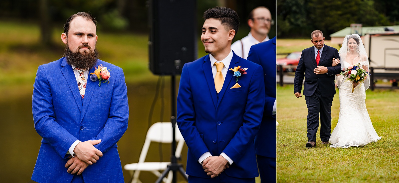 Best man looks over at groom's reaction to bride walking down the aisle at this farm wedding