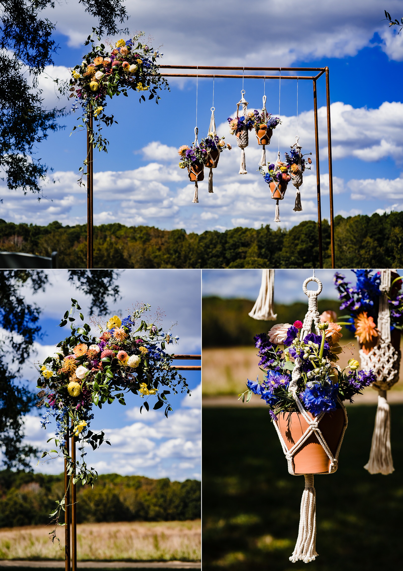 Beautiful wedding ceremony details for an outdoor wedding at the Meadows Raleigh
