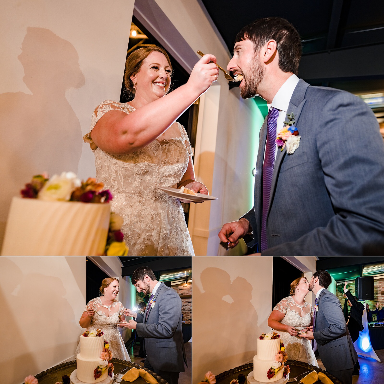 Bride and groom laugh as they share a slice of cake