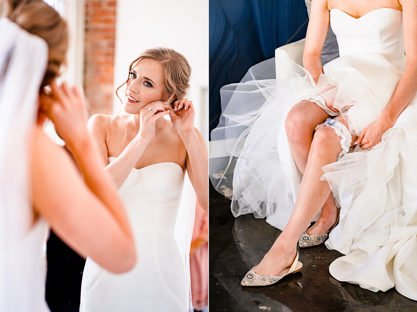 gorgeous brides puts on her finishing touches of earrings and garter