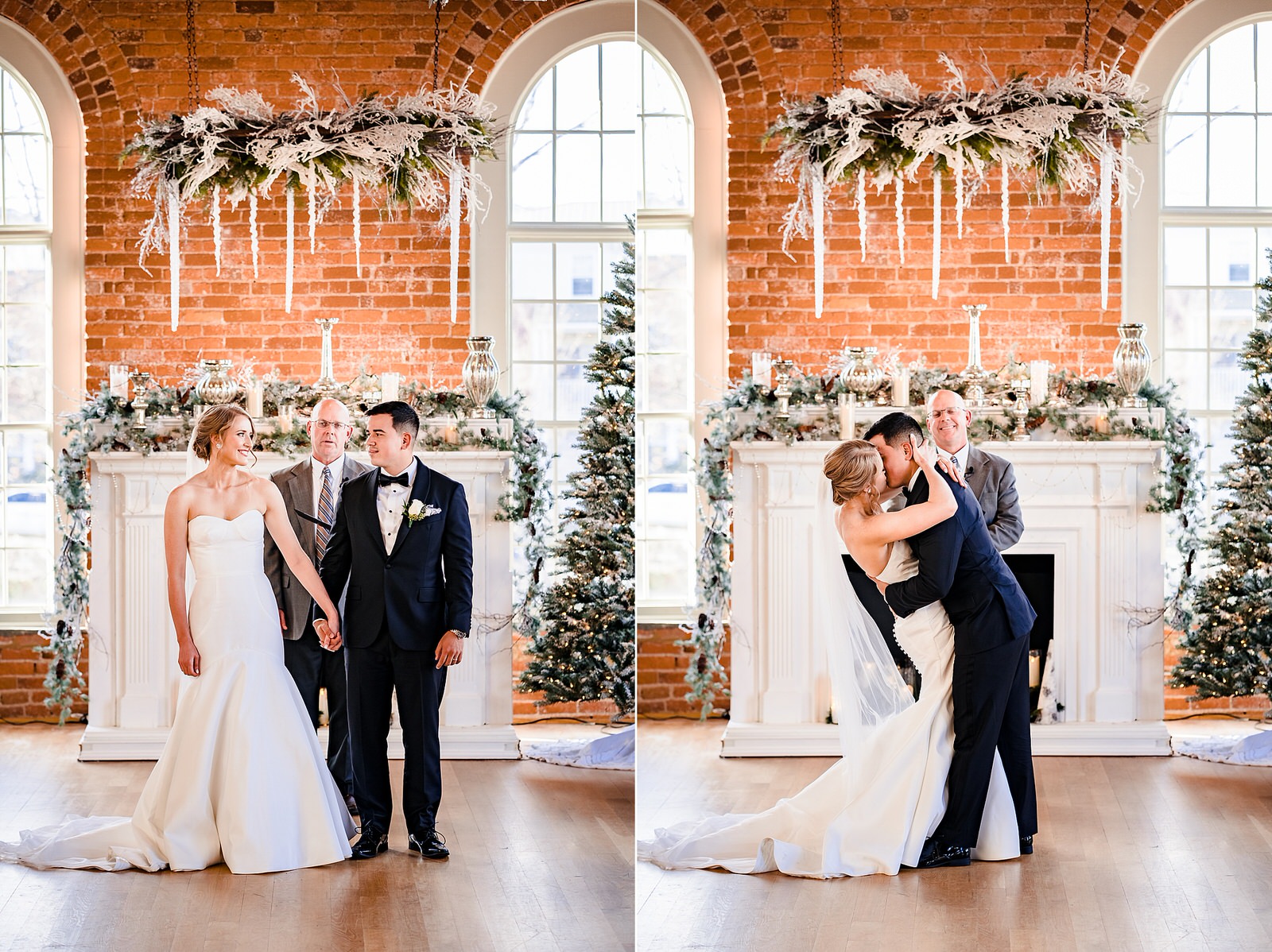 The Cotton Room in Durham, NC set up for a Christmas Wedding ceremony