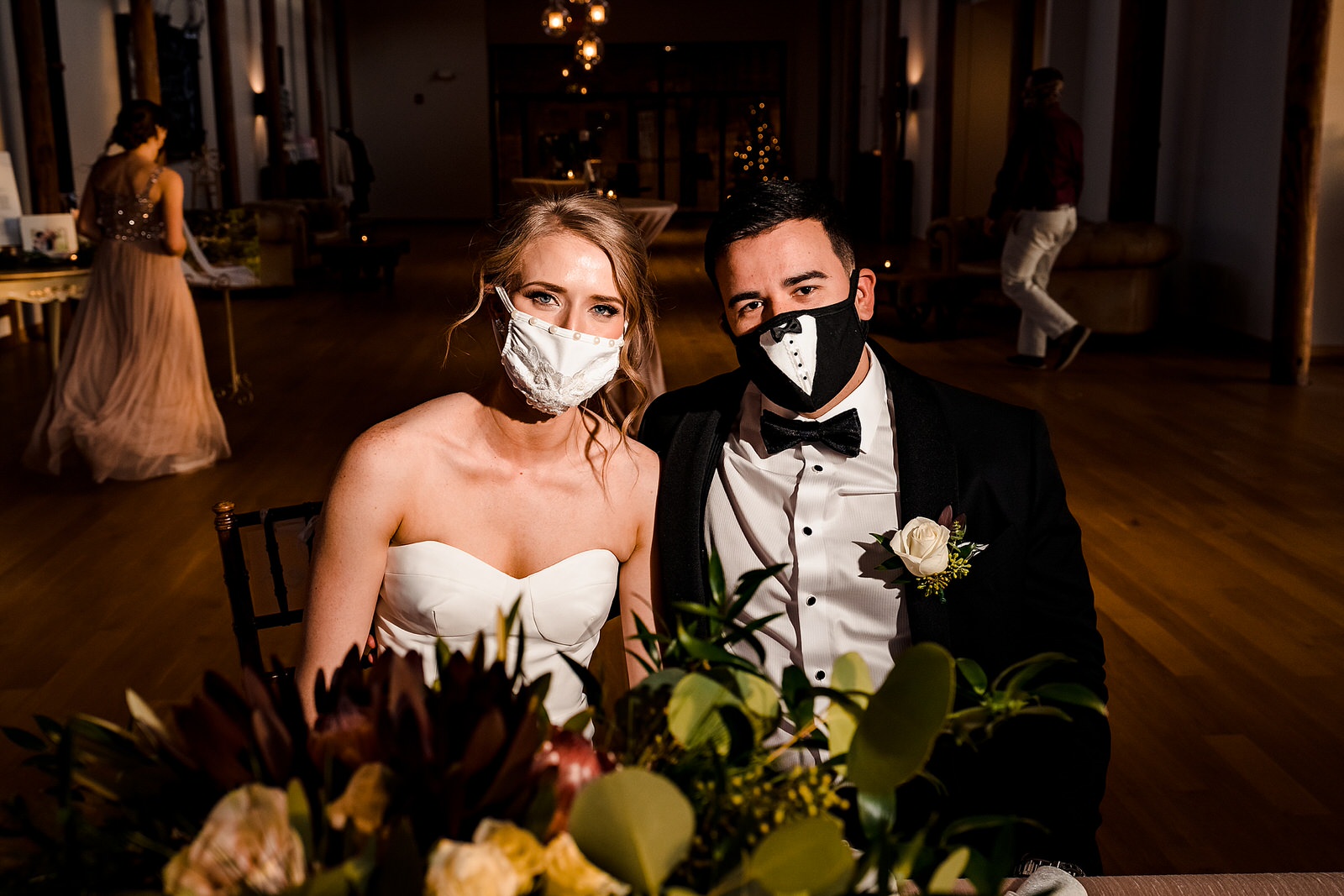 Custom bride and groom masks for Covid weddings - handmade by a friend of the family