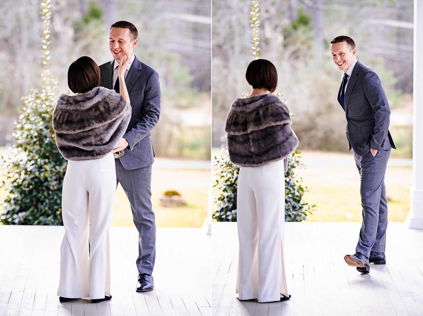 Durham elopement first look - sweet reaction by groom