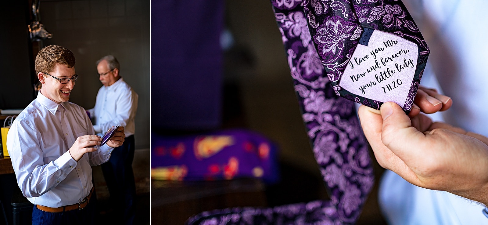 bride surprised the groom with a message in his wedding tie, all the details of this fun wedding were purple too!