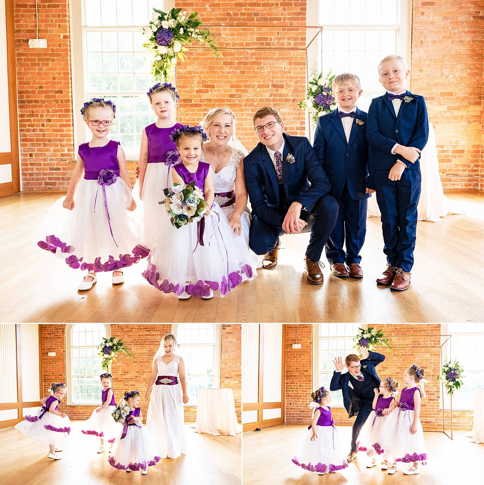 Adorable flower girls and ring bearers pose with the bride and groom