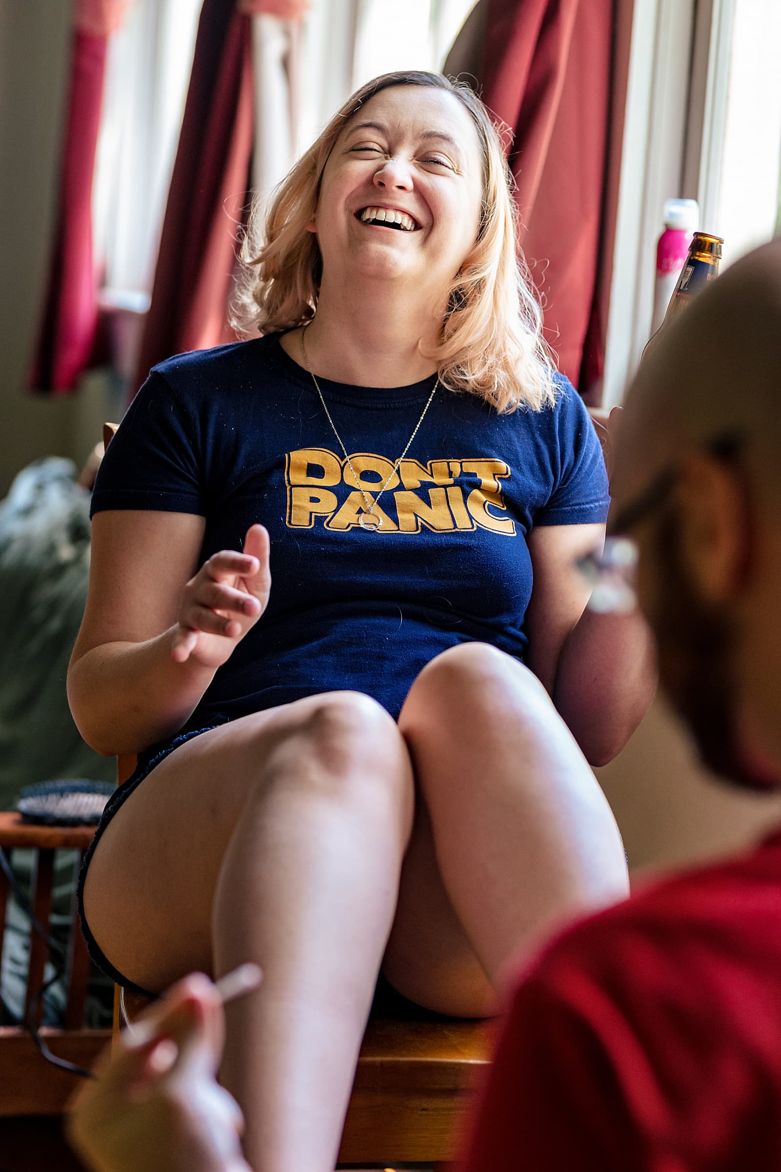 bride wears an awesome Don't Panic tshirt as she gets ready on her wedding day