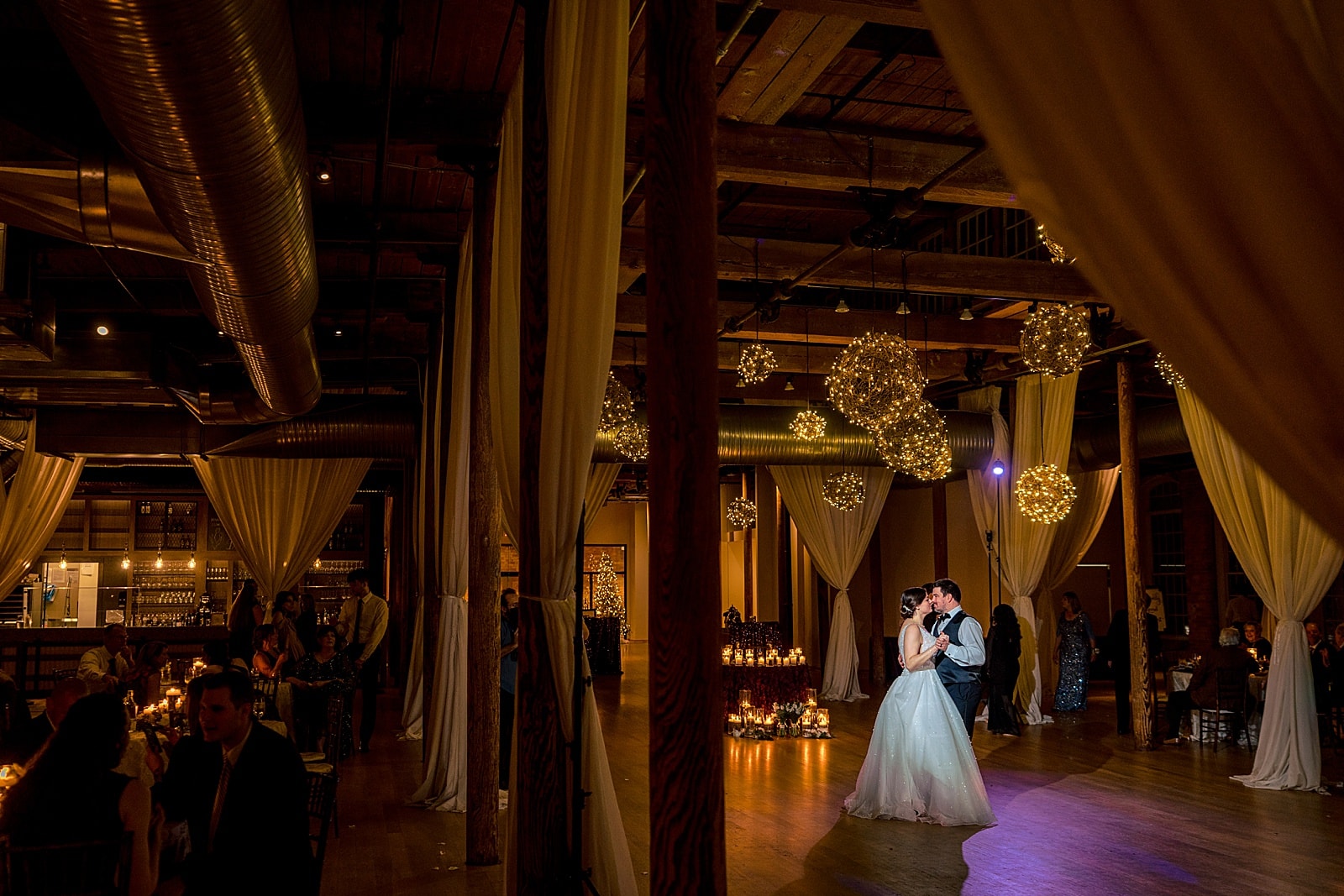 winter wedding reception at the cotton room in Durham, NC