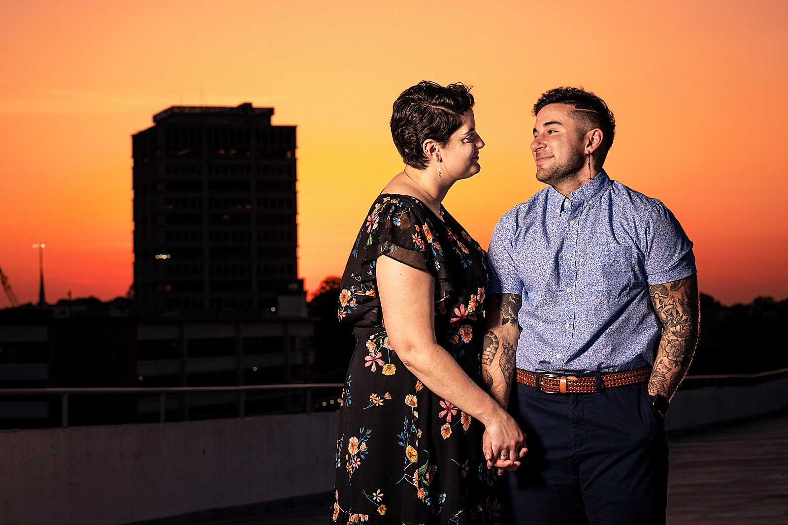 Sunset engagement photos in downtown Durham