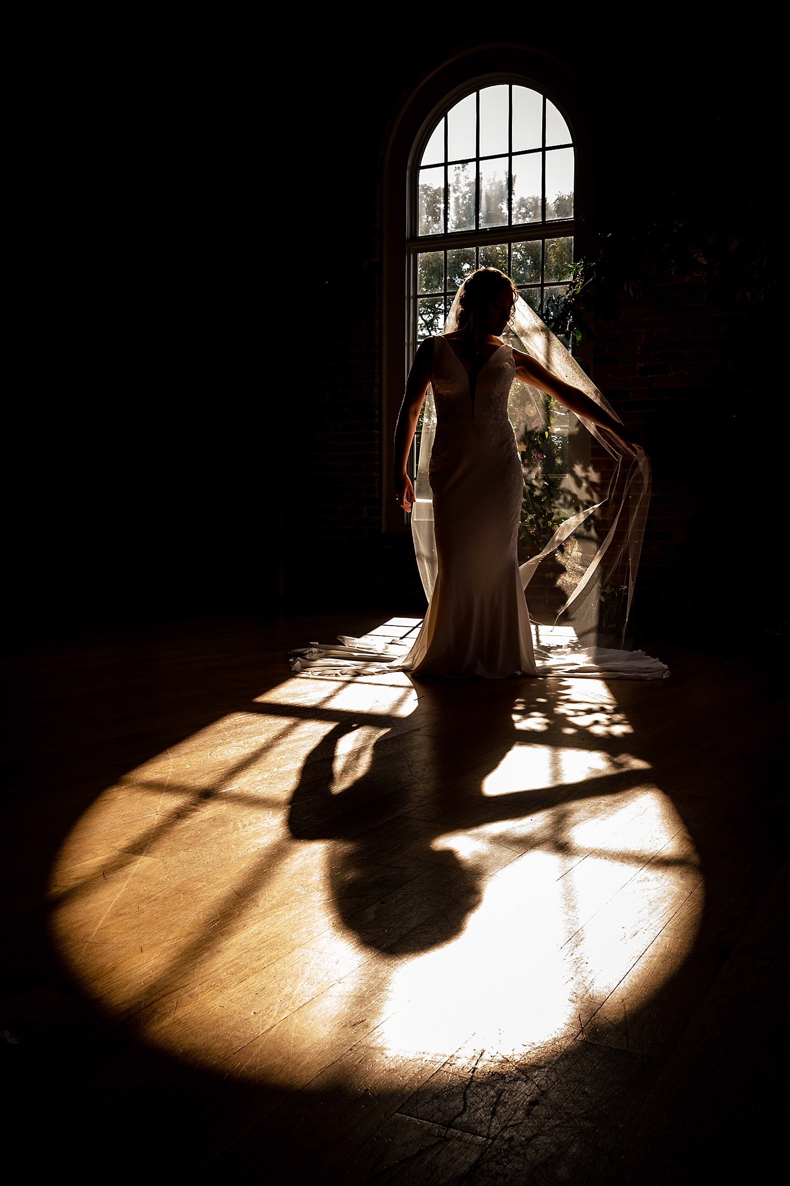 Silhouetted portrait of a woman in a wedding dress and veil at her downtown durham wedding at the Cotton Room | images by Kivus & Camera