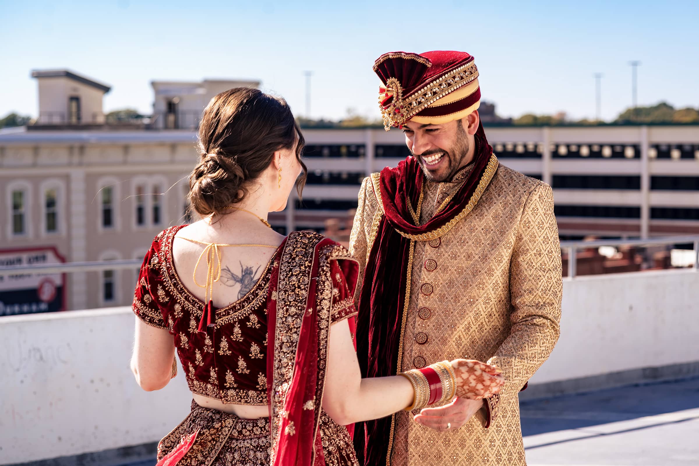 Couple shares first look on their wedding day, dressed in Indian clothes | photos by Kivus and Camera