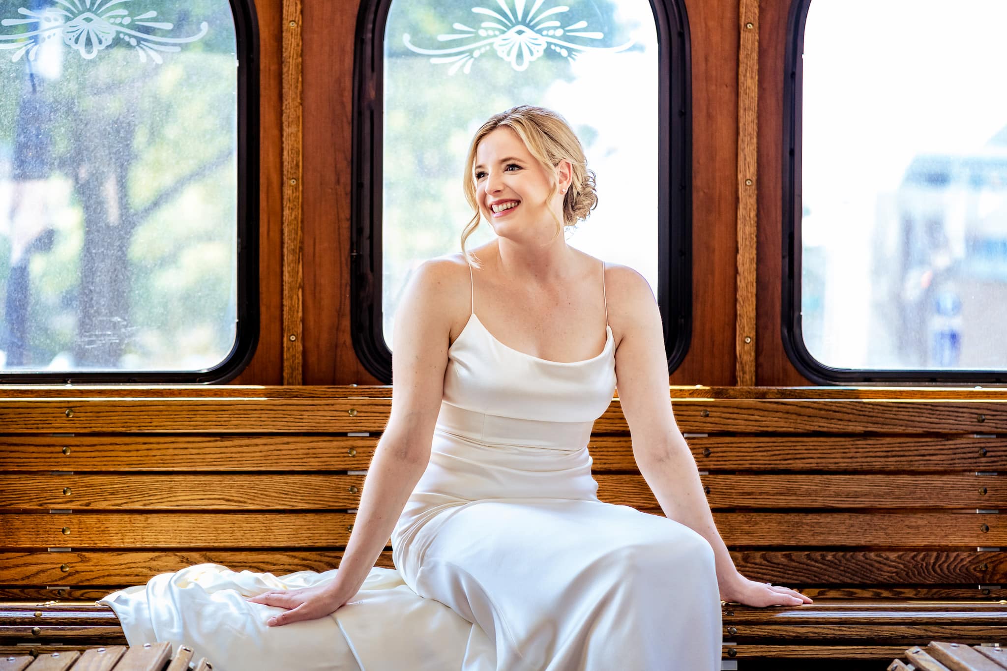 portrait of a bride on the Great Raleigh Trolley | photo by Kivus & Camera