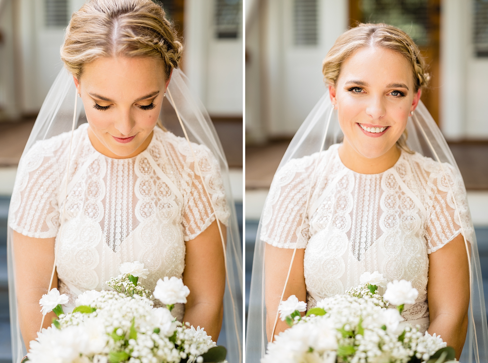 Bridal portraits from Raleigh Wedding Photographer, the bride is wearing a lace dress with sleeves and a veil. 