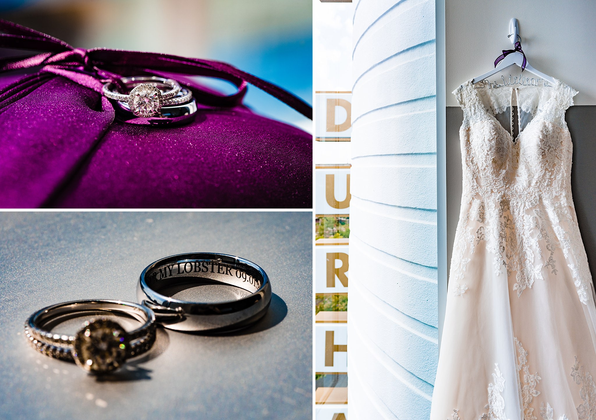 Detail shots of bride and groom's rings with "My Lobster" engraved as a Friends reference - Durham wedding photographers