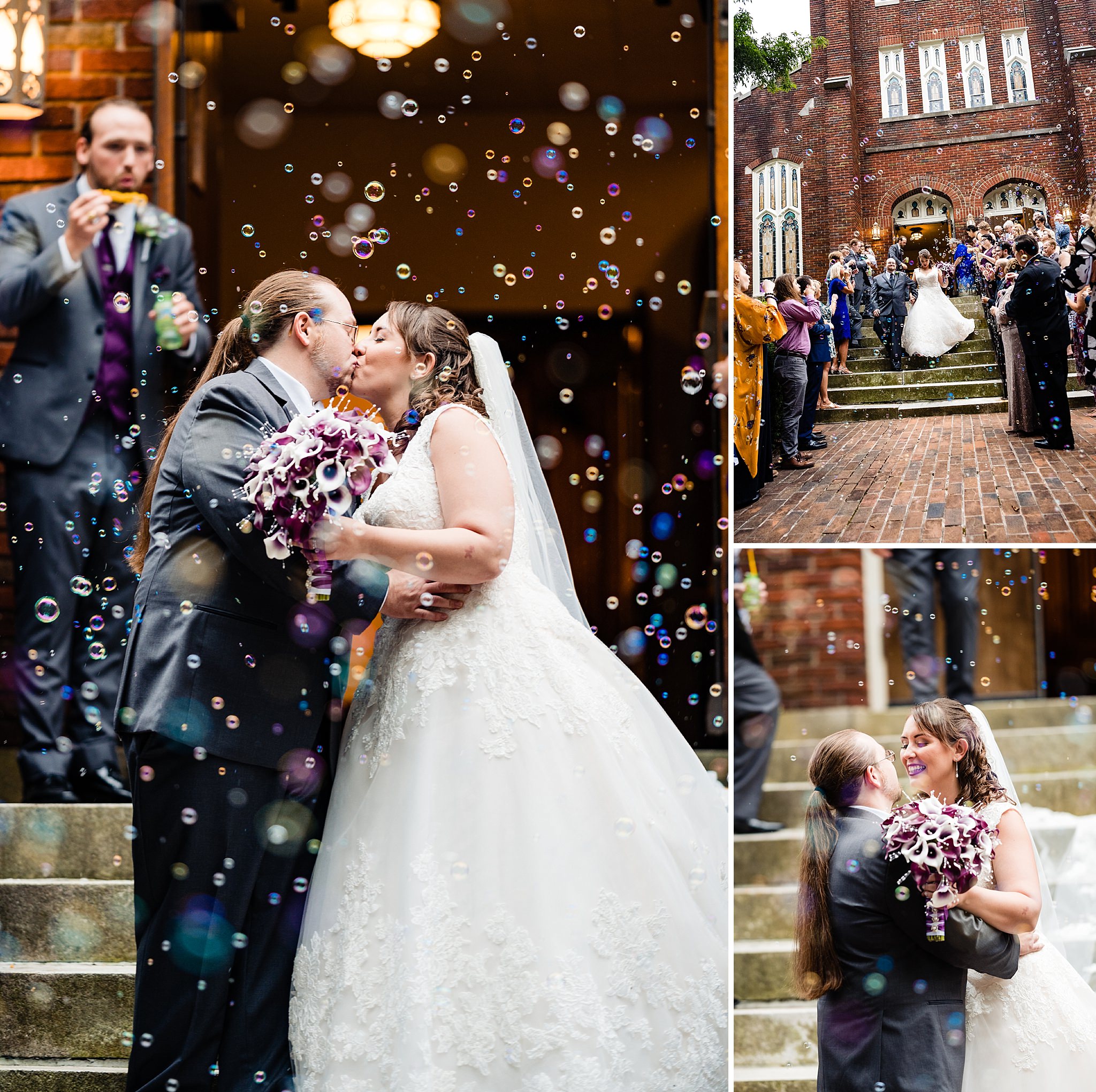 Bride and groom exit their Trinity Avenue Presbyterian Church wedding to bubbles blown by their guests