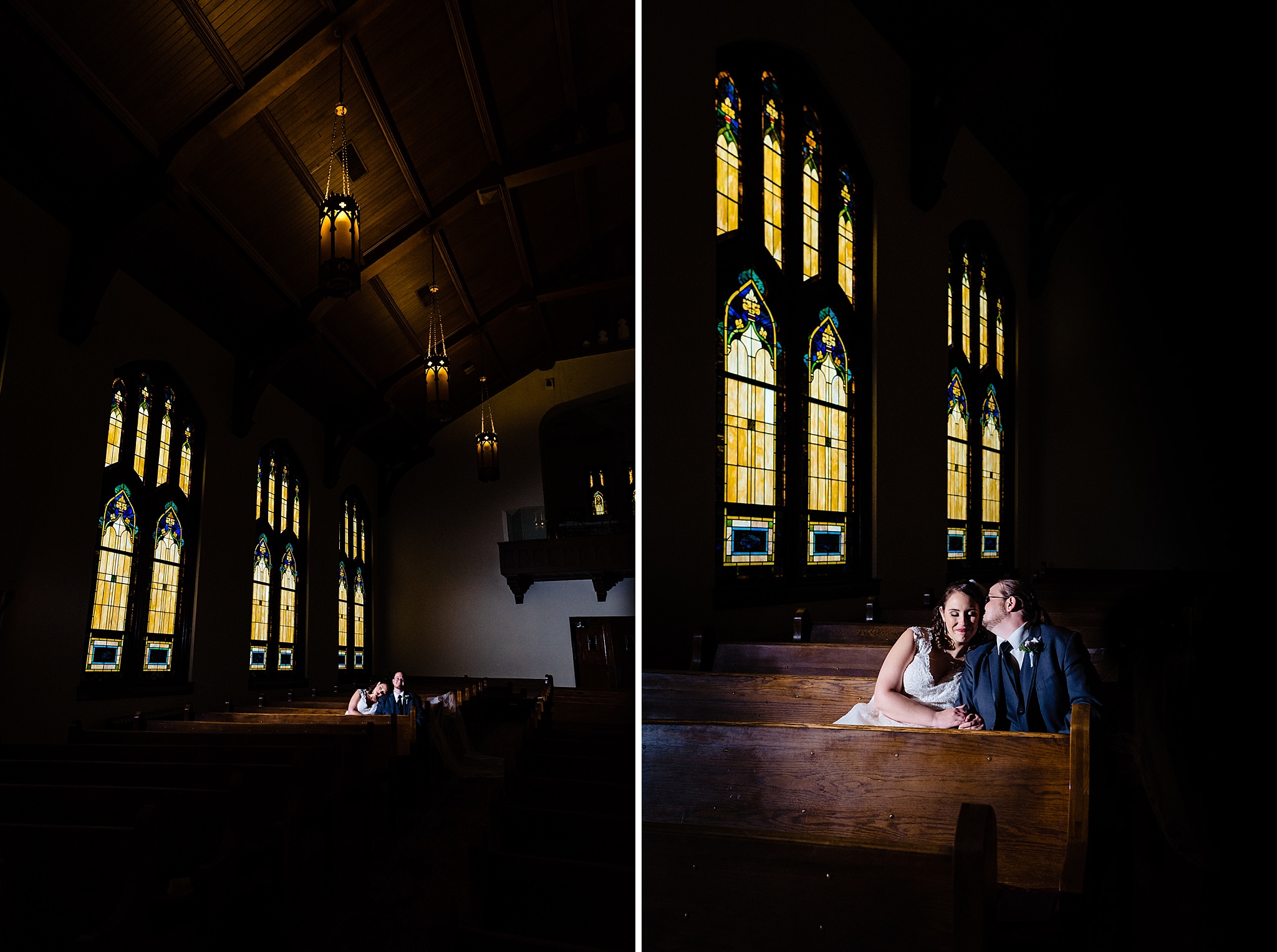Portraits of a wedding couple sitting under stained glass windows in Trinity Avenue Presbyterian Church in downtown Durham, NC