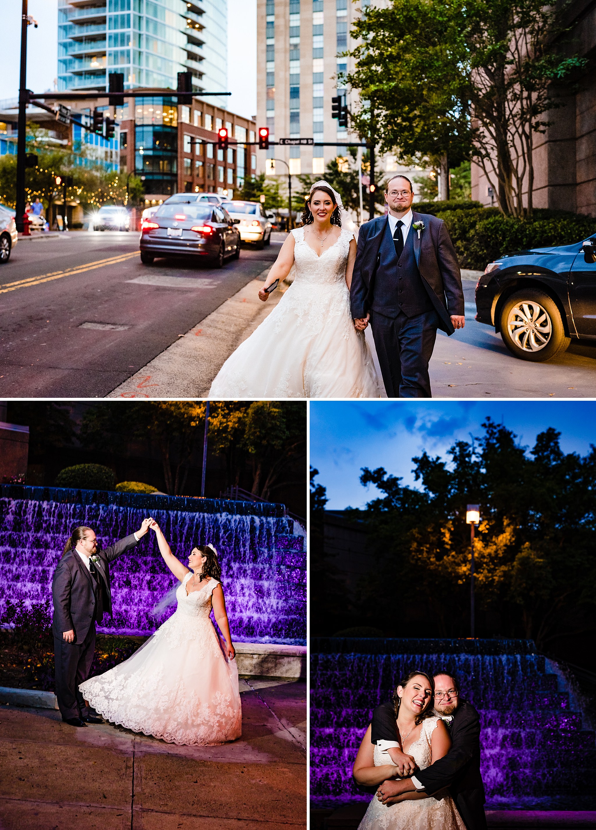 Portraits of a bride and groom in downtown Durham, taken by Raleigh wedding photographers during their Durham Armory wedding