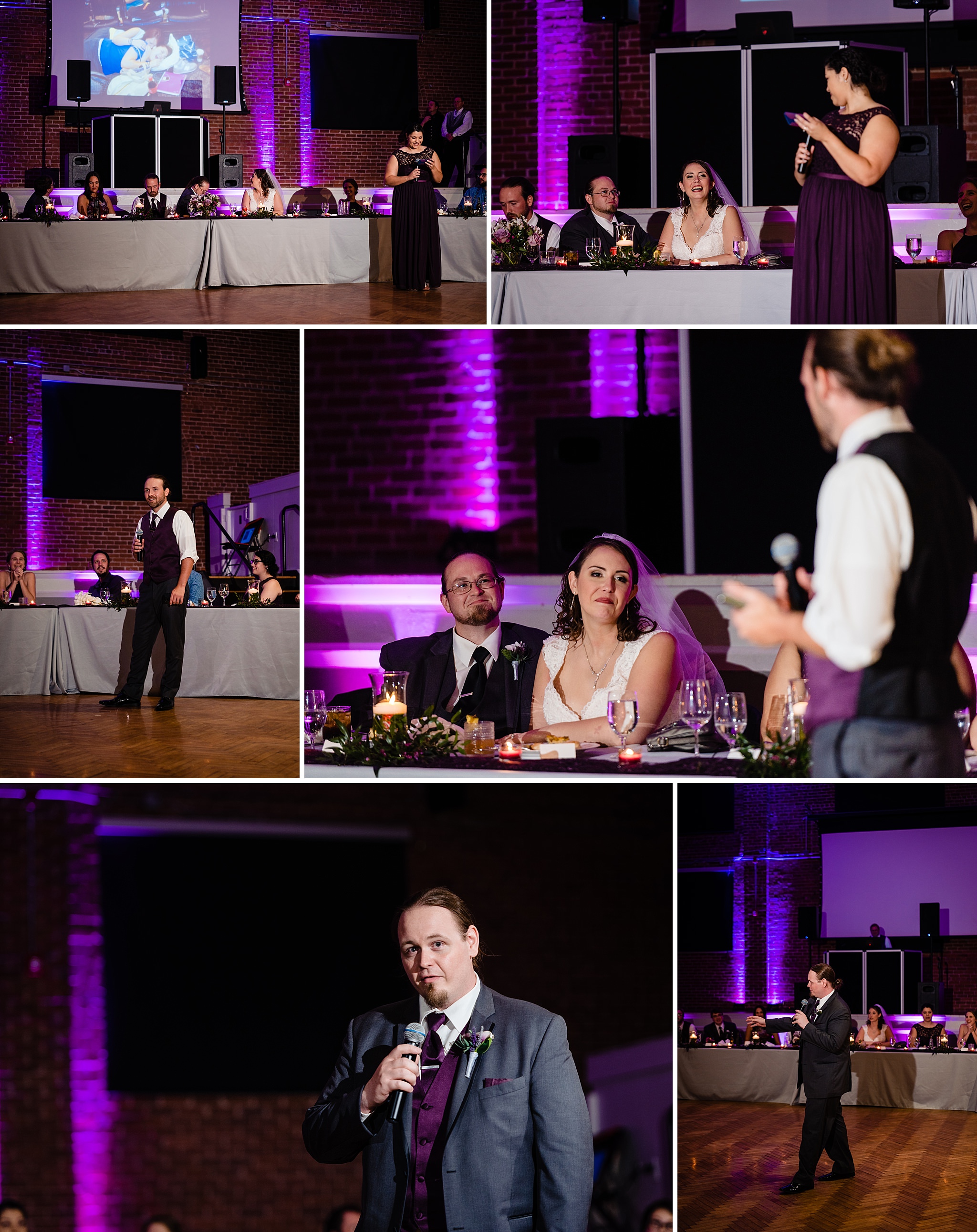 Best man and Maid of Honor give toasts during a wedding at the Durham Armory in downtown Durham, NC
