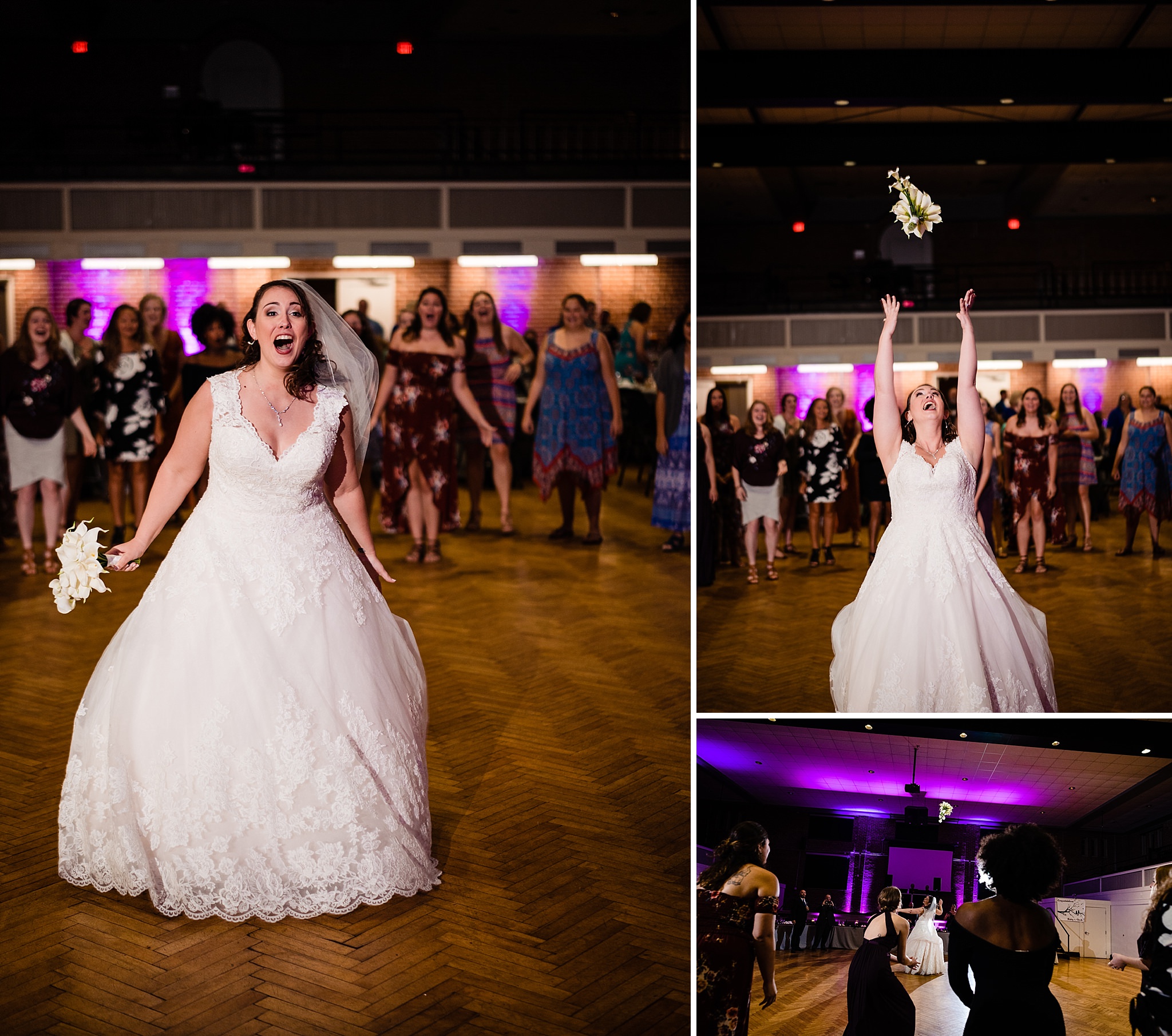 The bride tosses her bouquet during her Durham armory wedding in downtown Durham, NC
