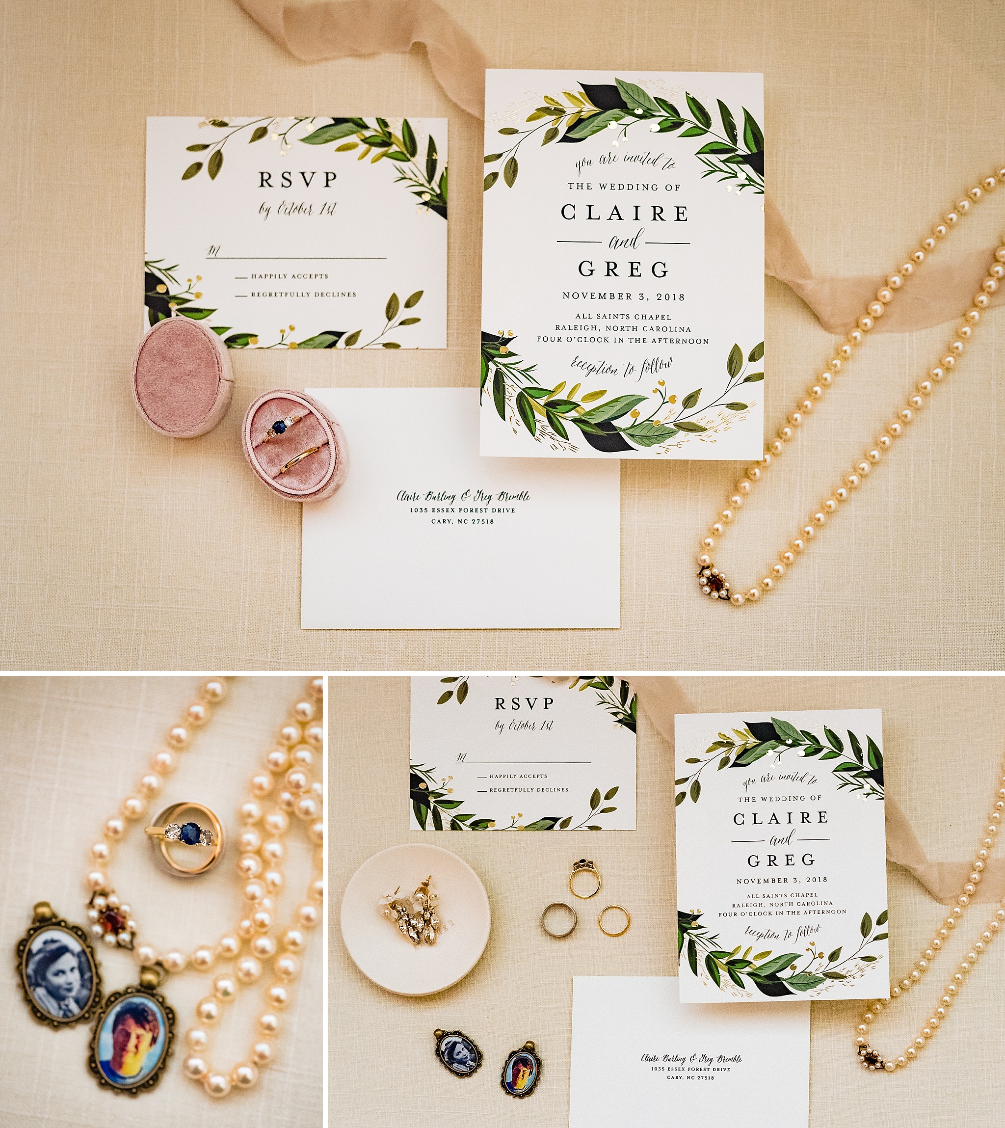 White and green invitation suite styled with the bride's wedding jewelry by Raleigh wedding photographers