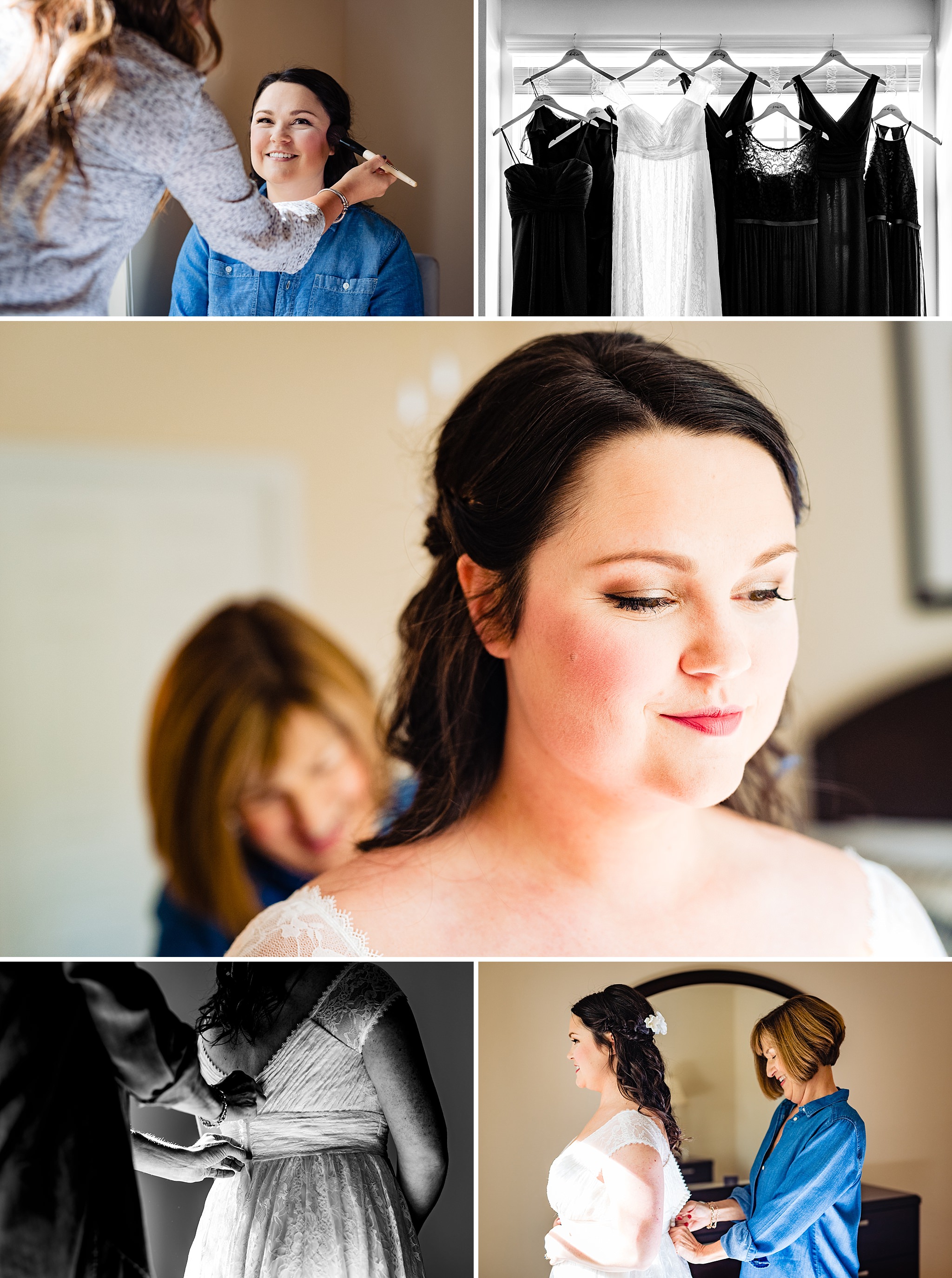 Mother of the bride helps her into her wedding dress by Raleigh wedding photographers