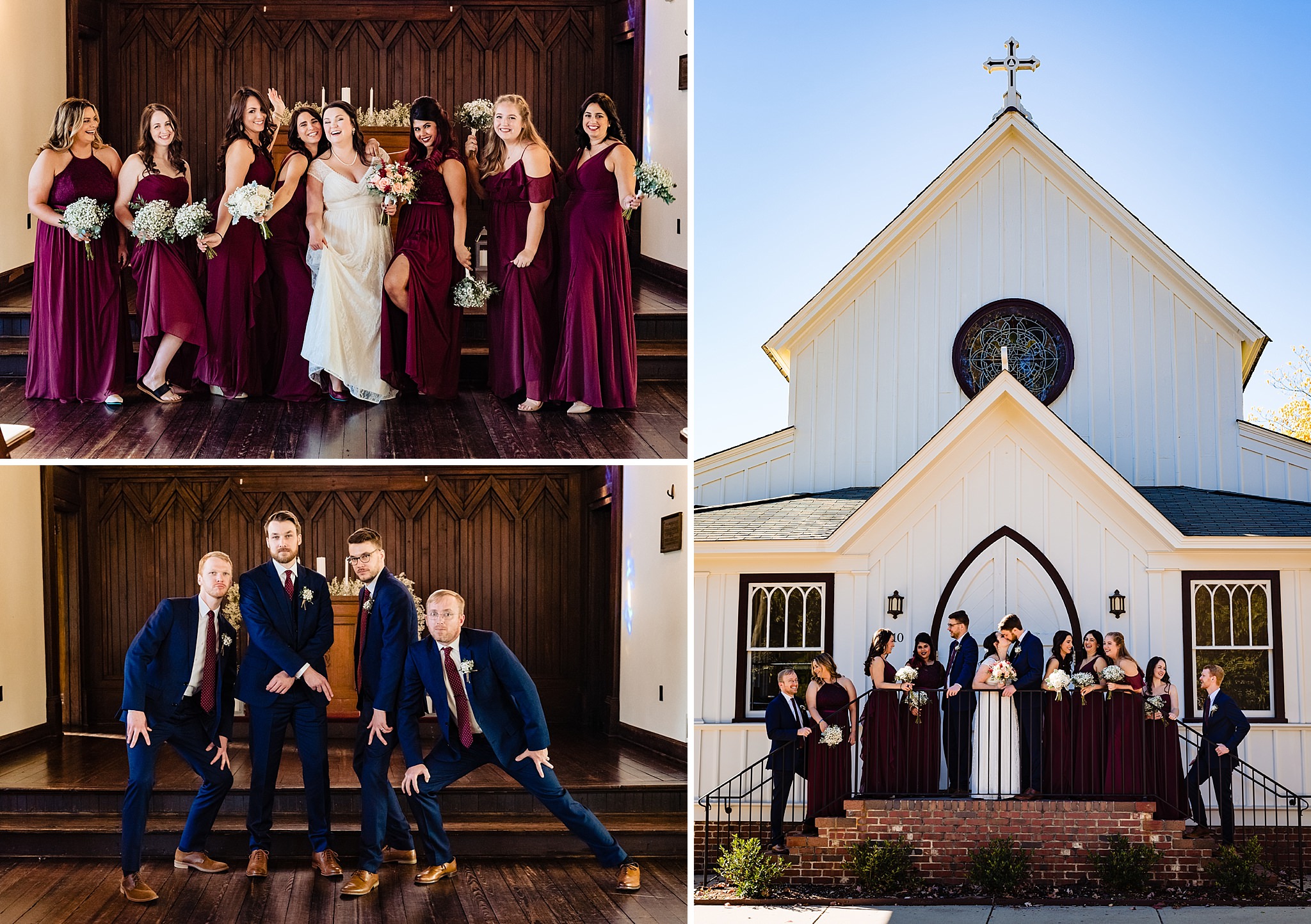 Wedding party poses in merlot colored dresses and ties at an All Saints Chapel Raleigh Wedding