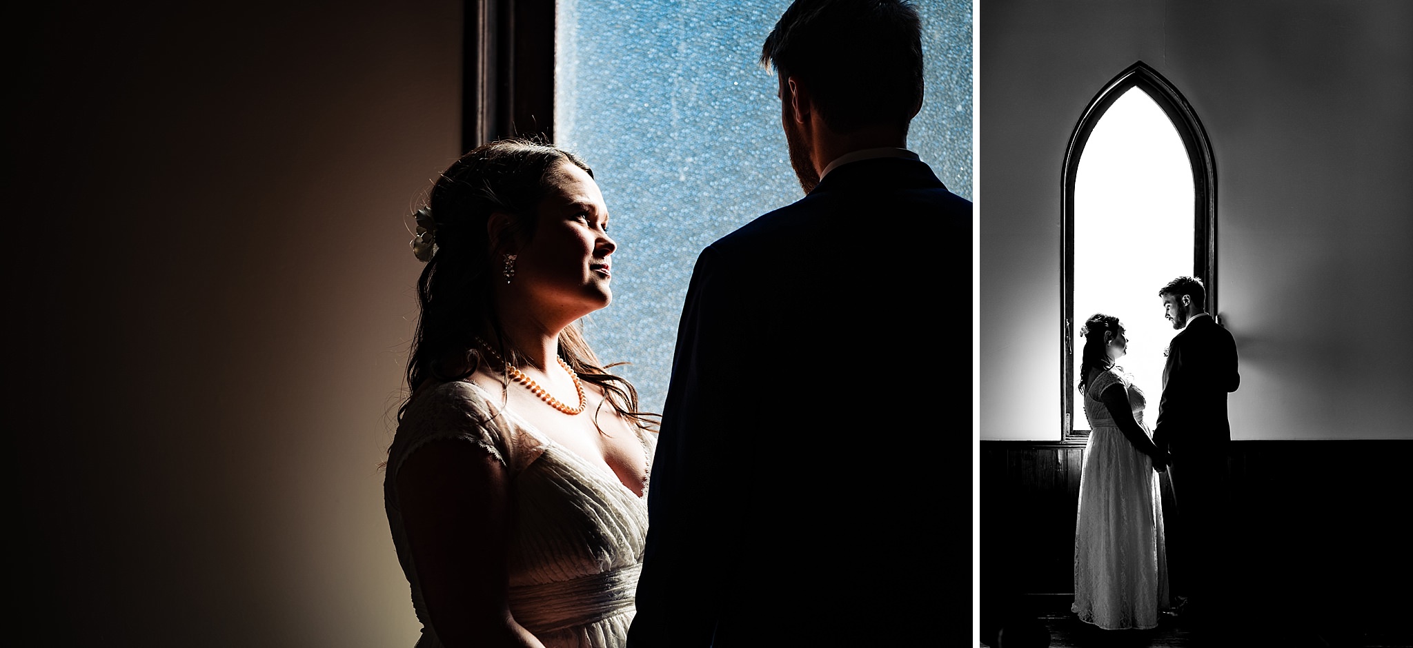 Portrait of the bride and groom with stained glass window lighting them at All Saints Chapel Raleigh Wedding