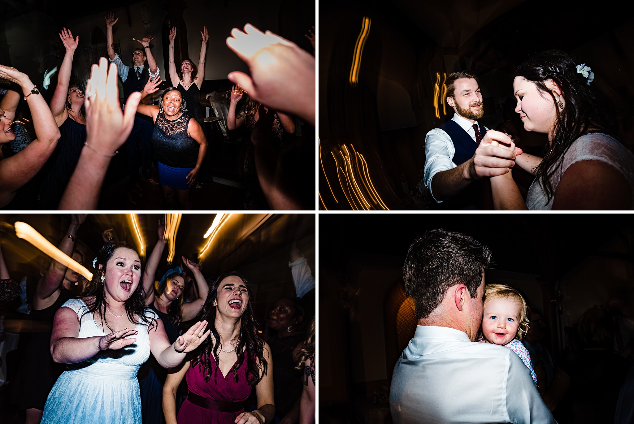 The bride and groom and their guests have fun on the dance floor during this All Saints Chapel Raleigh wedding
