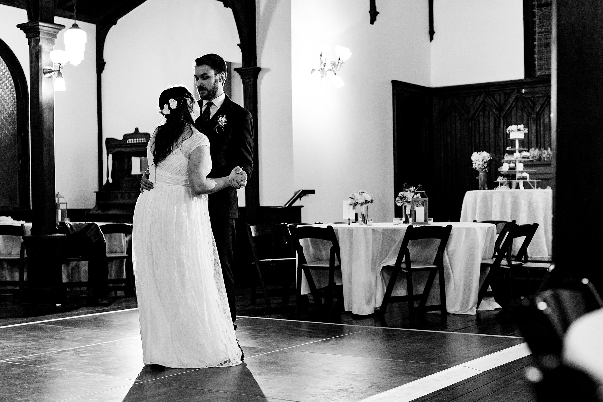 The bride and groom share a private last dance at All Saints Chapel in Raleigh, NC