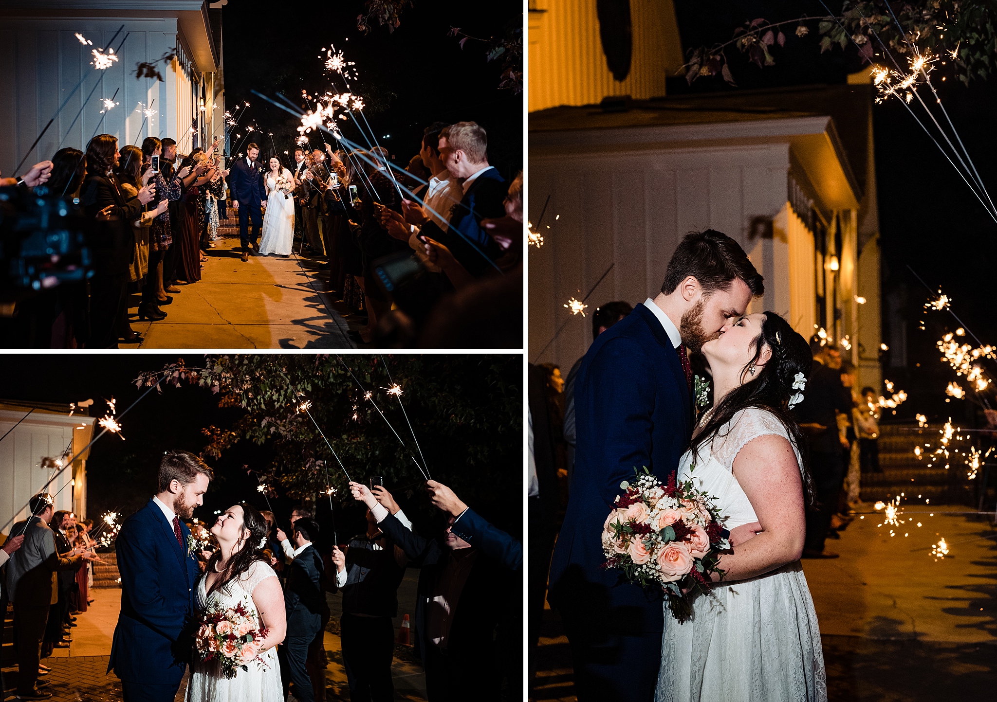 Bride and groom exit their All Saints Chapel Raleigh Wedding under a sparkler tunnel