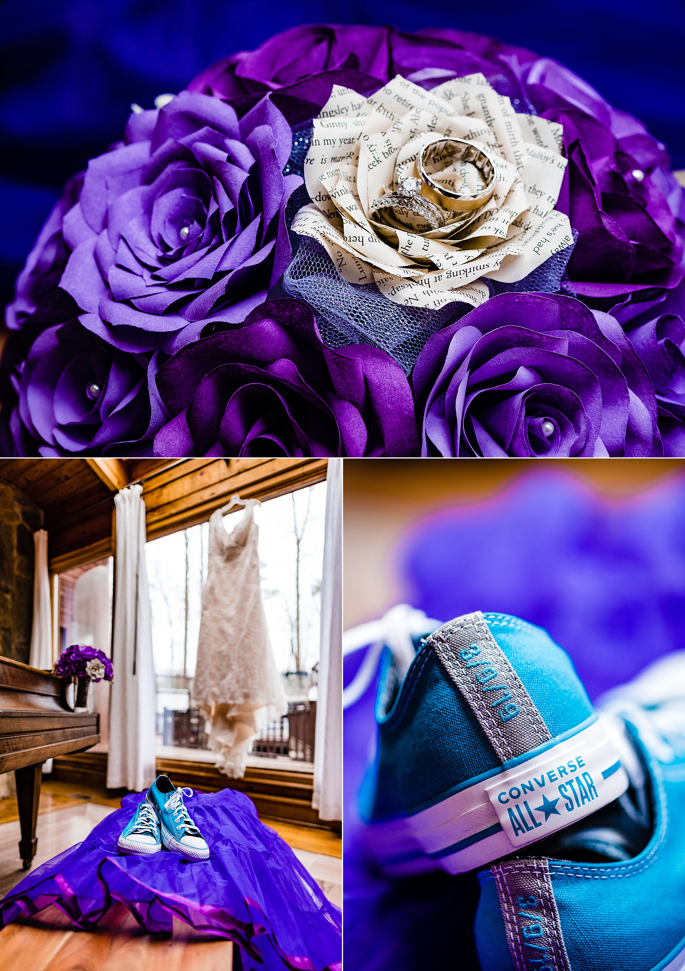 Purple wedding details - wedding chucks - paper bouquet
