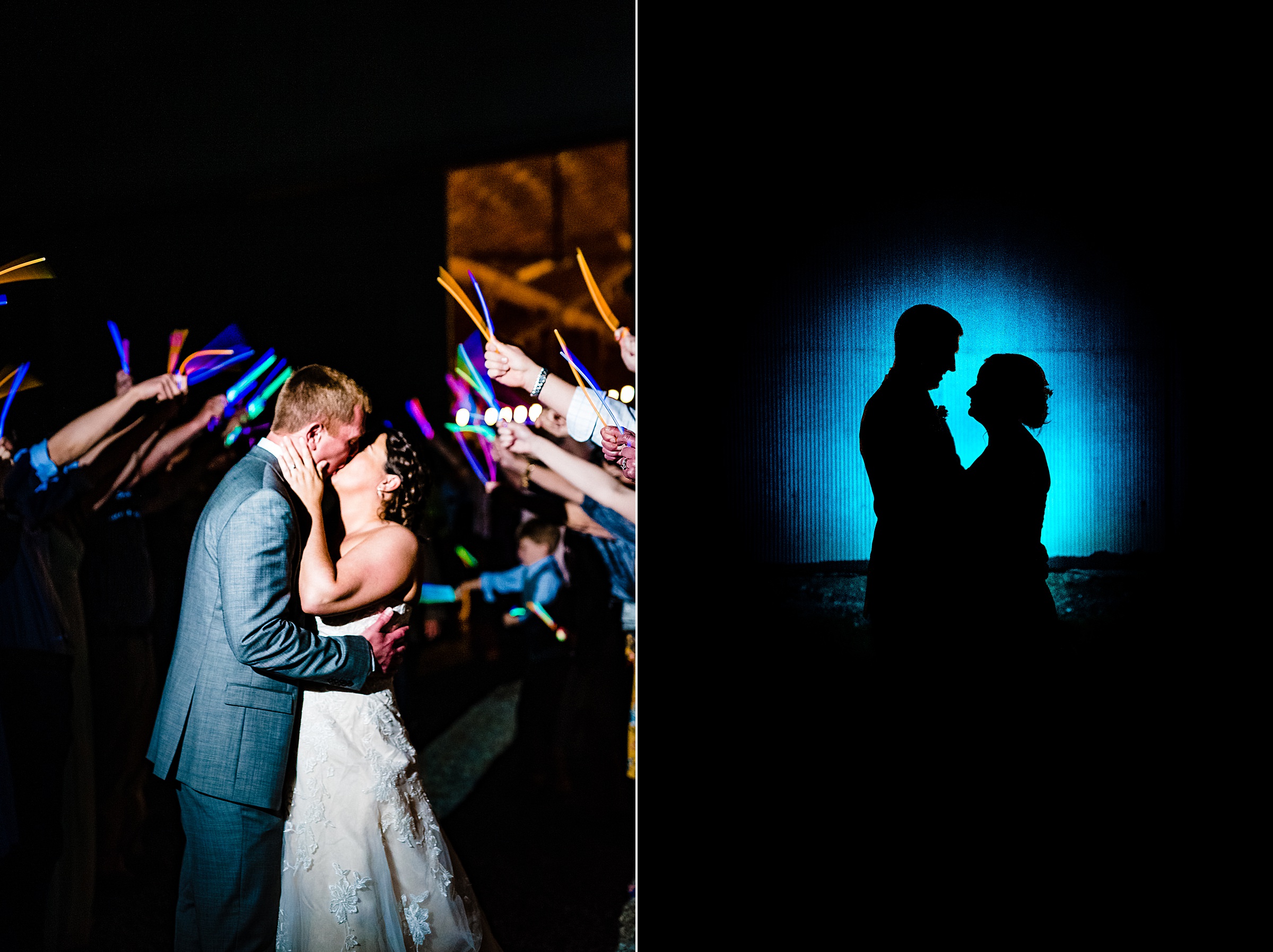 Barn at Lloyd's Dairy wedding photos - glow stick exit - wedding couple silhouette. 
