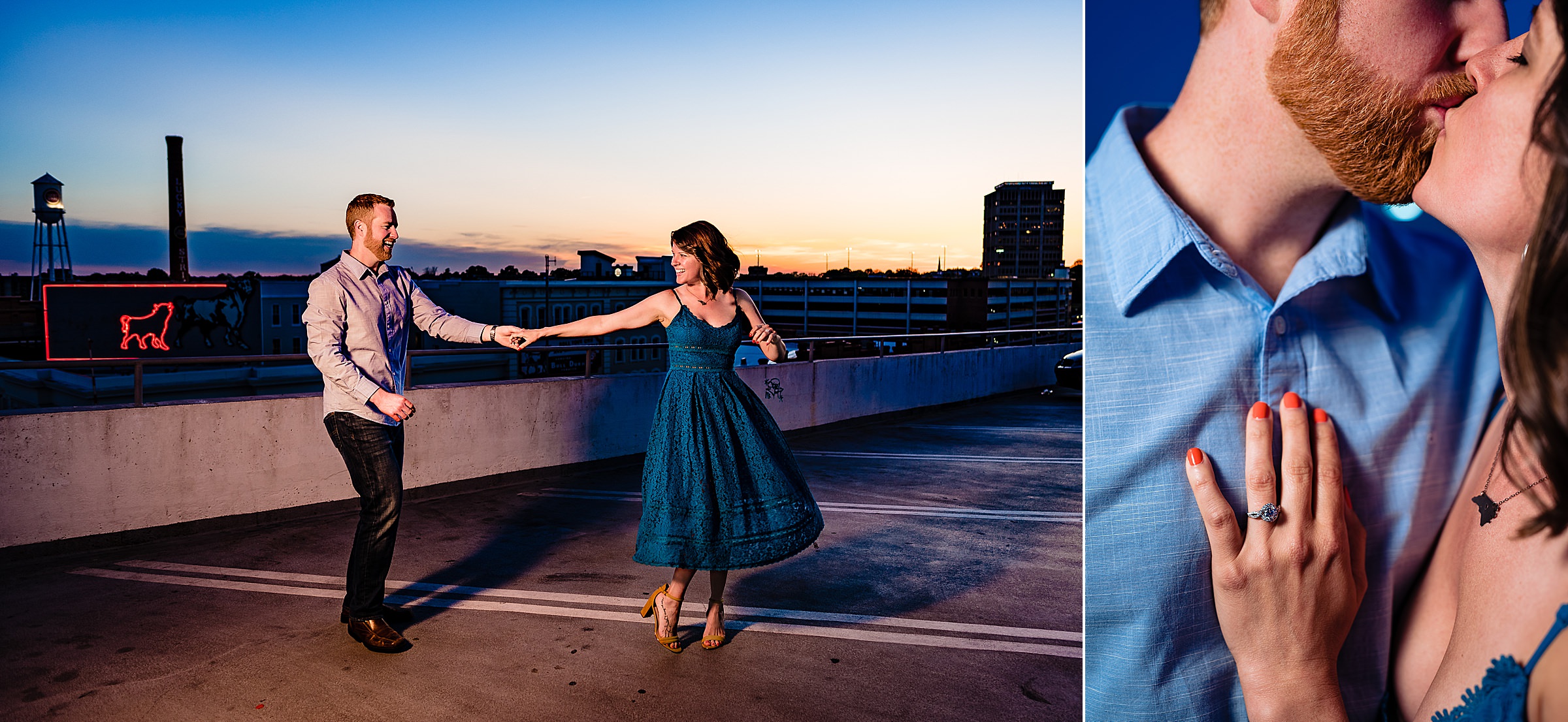 Downtown Durham Engagement Portraits with sunset