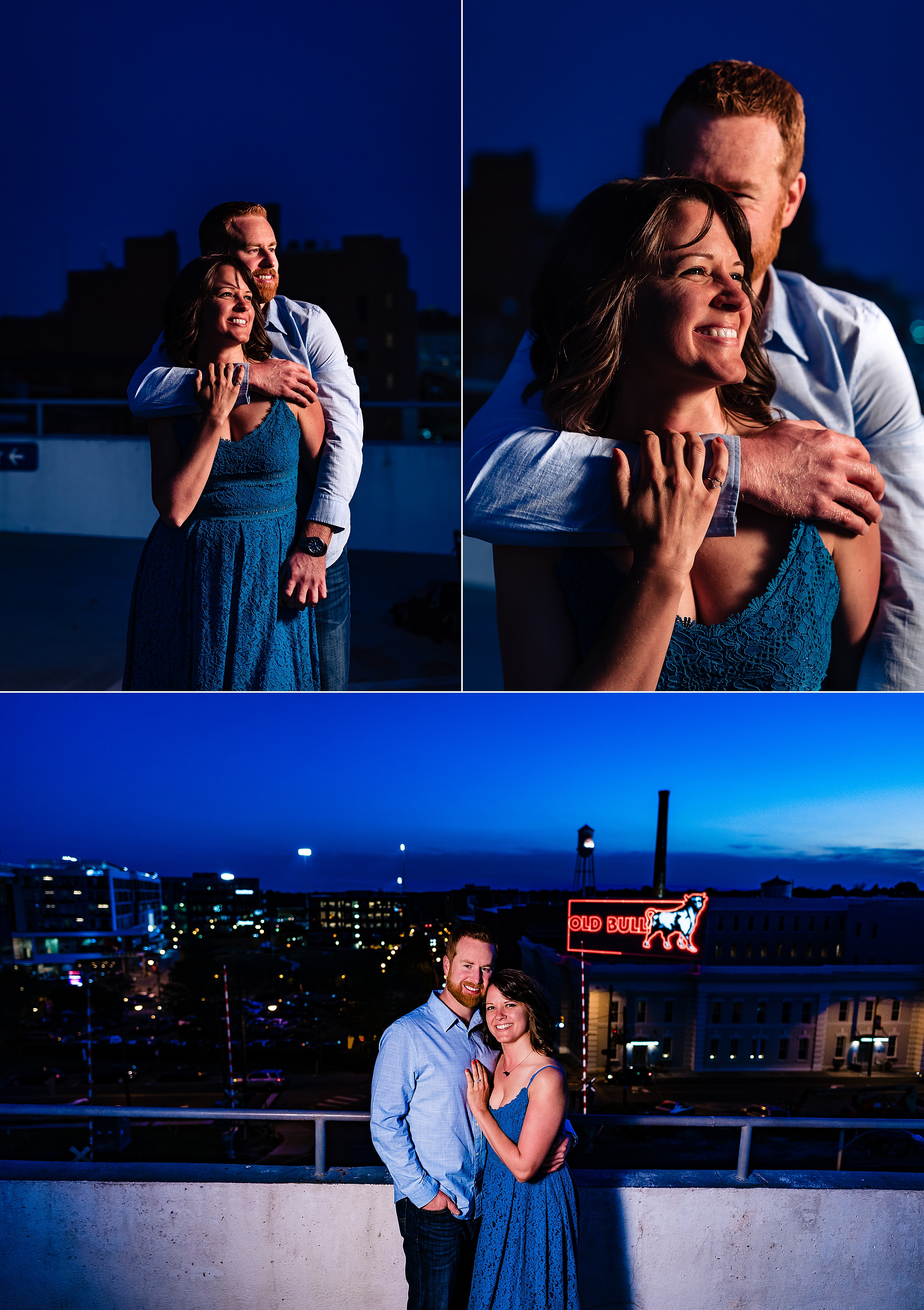 Downtown Durham Engagement photos overlooking American Tobacco Campus