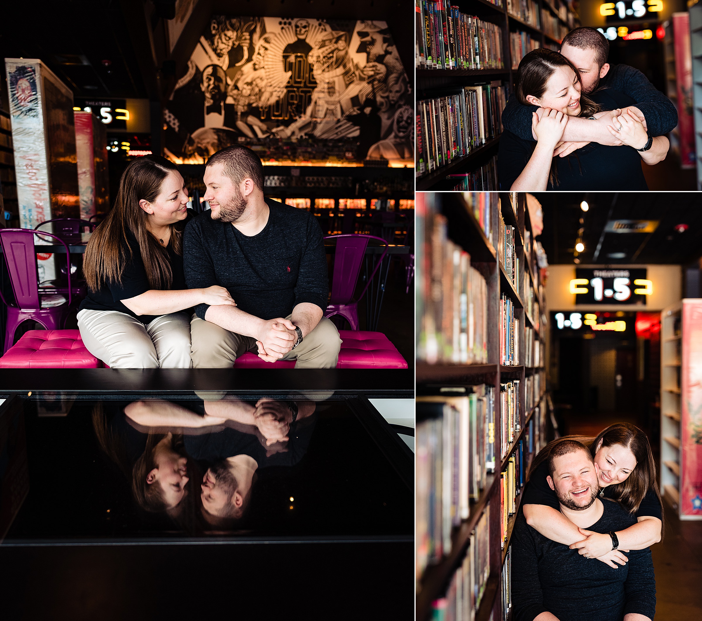 Engagement photos at the Alamo Drafthouse in Raleigh