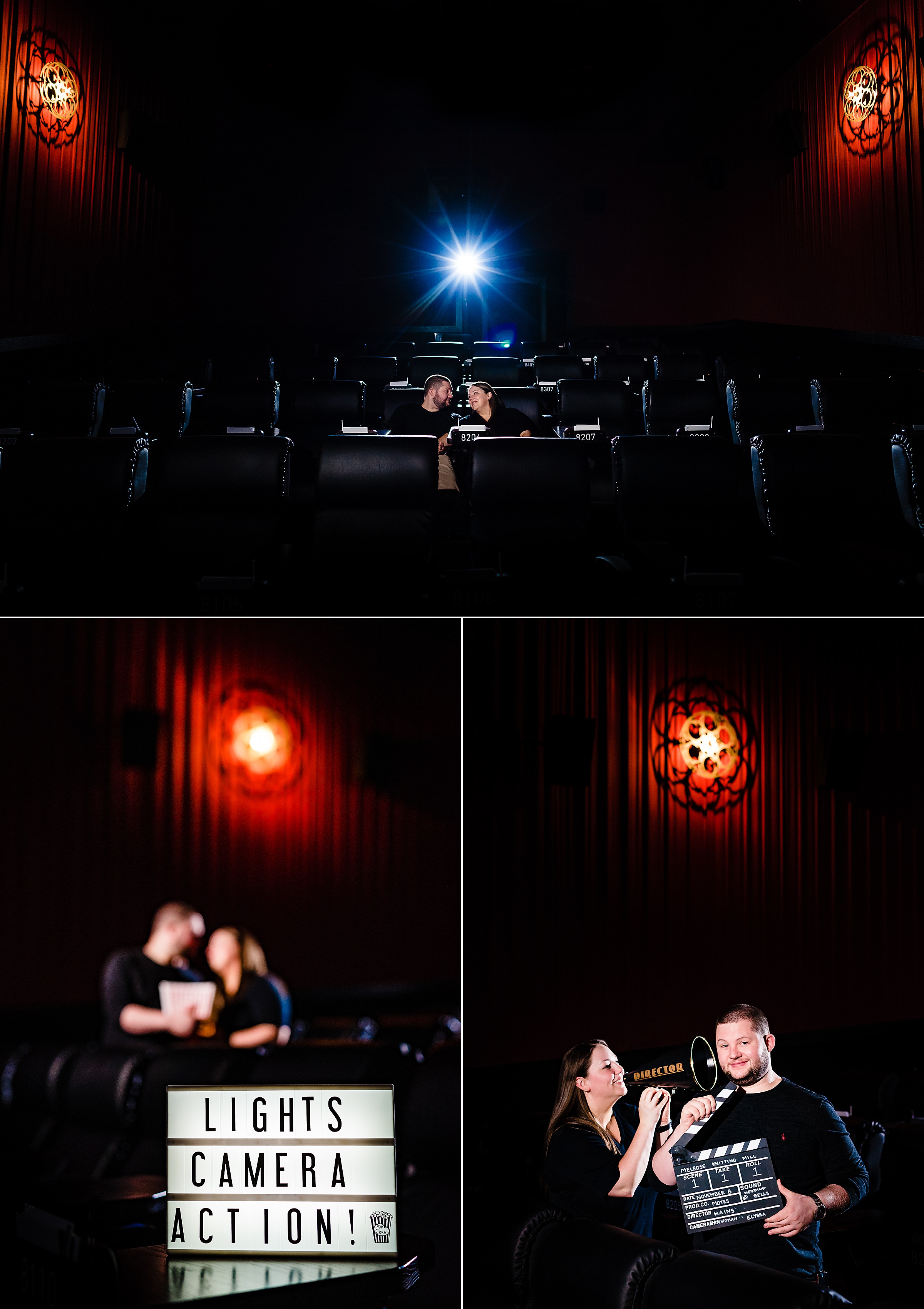 Movie Theater engagement photos at the Alamo Drafthouse in Raleigh