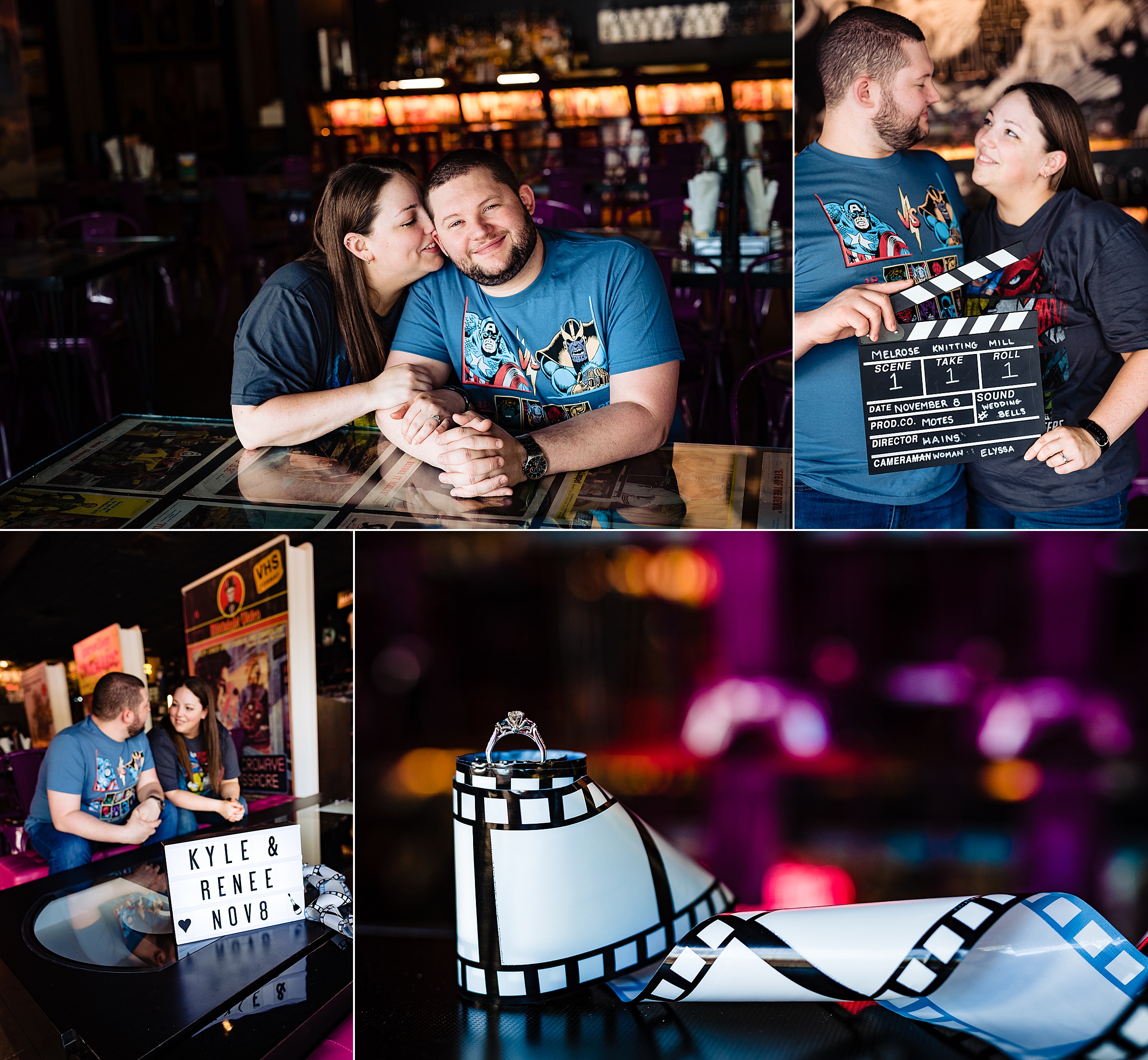 Movie themed engagement photos at the Alamo Drafthouse in Raleigh