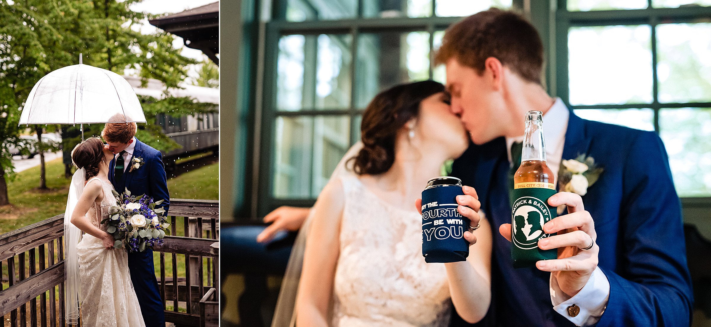 Bride and groom in rain and with coozies | Star Wars Wedding in North Carolina at Centennial Station in High Point | kivusandcamera.com
