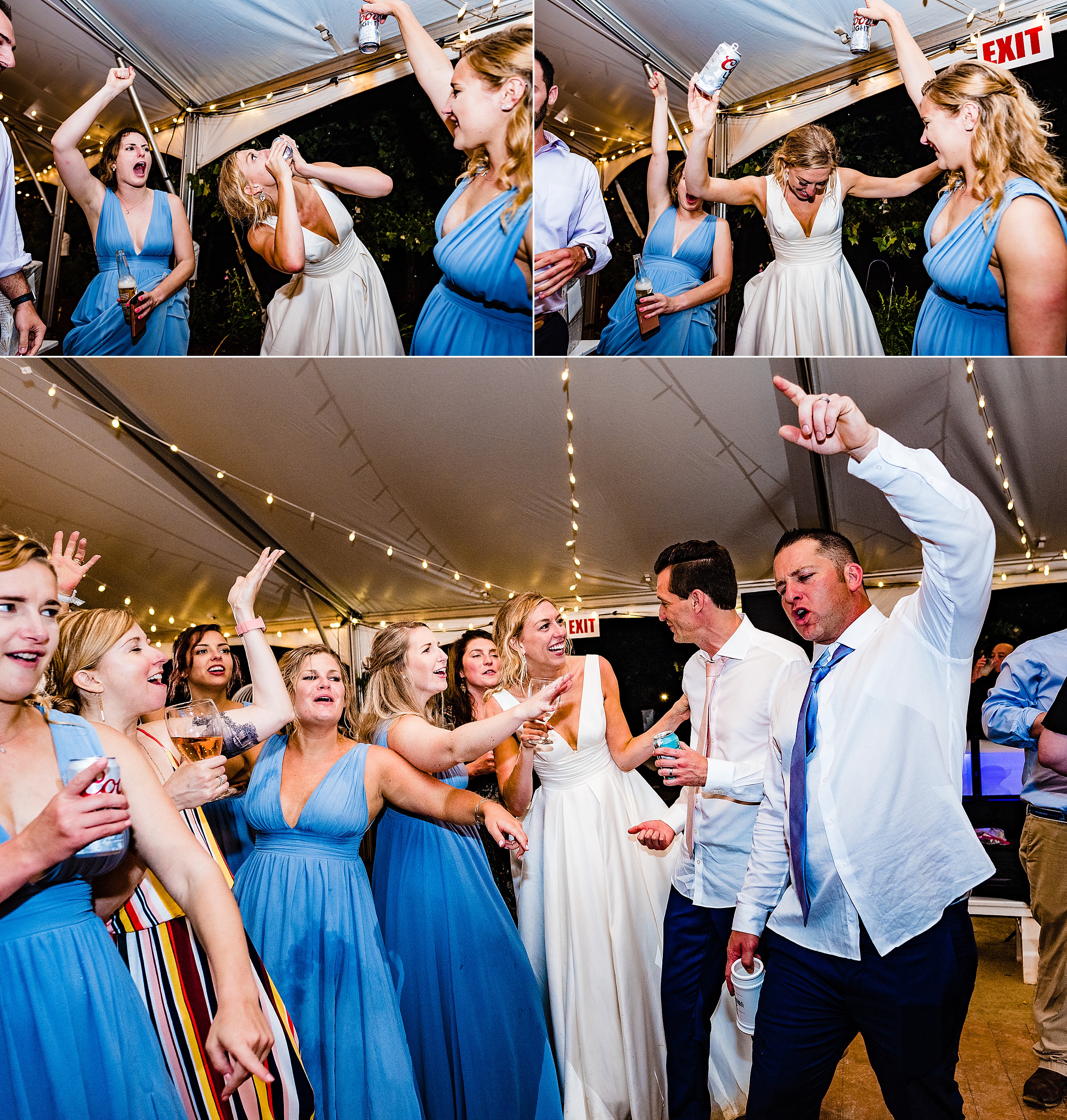 Bride shotgunning a beer | Merry Hill Wedding, Rain wedding, Rainy wedding, North Carolina Wedding Photographers, Fun Wedding photos, wedding in the rain | kivusandcamera.com