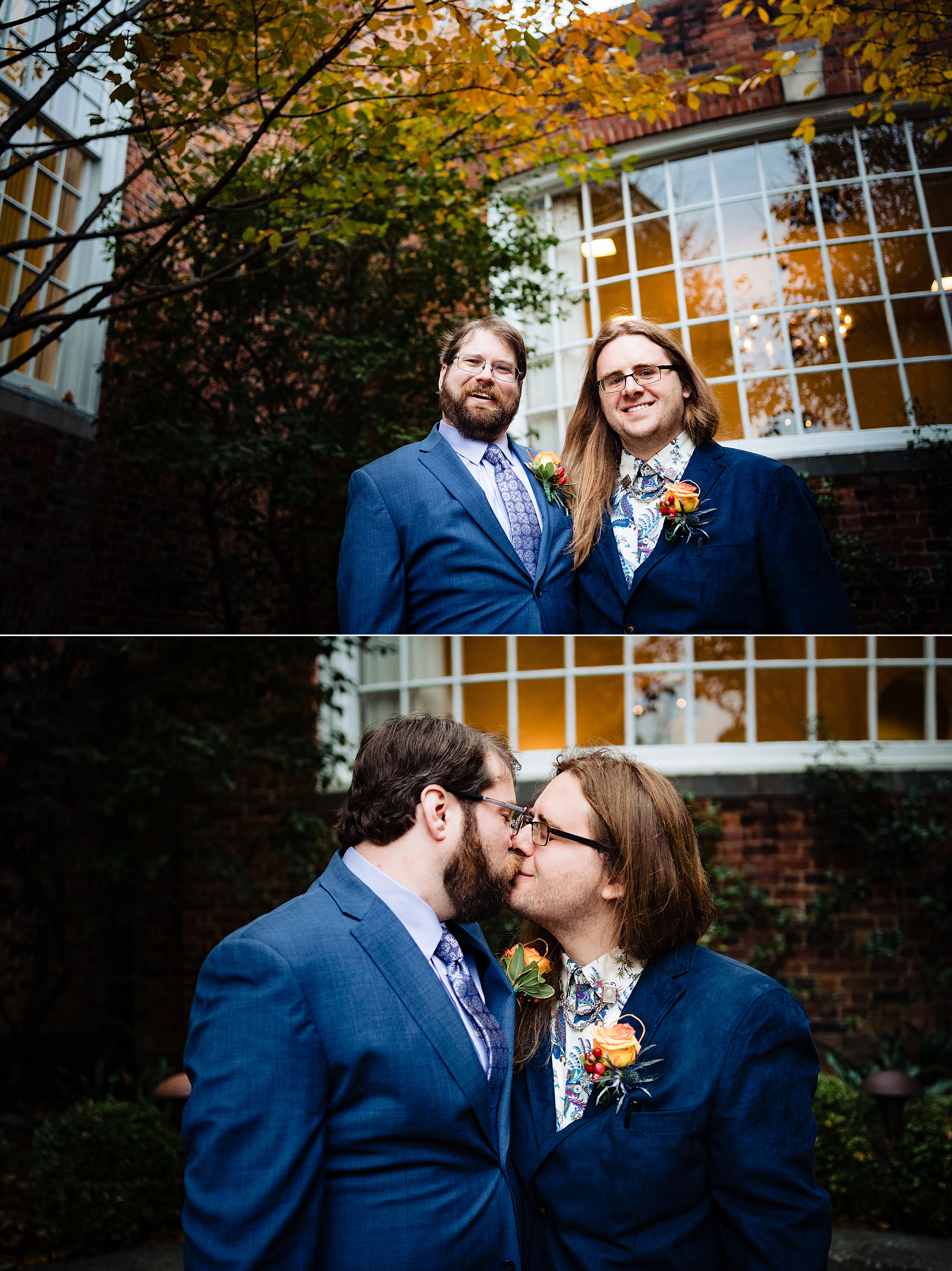 Two grooms smile and kiss after their intimate same-sex wedding in Chapel Hill, NC