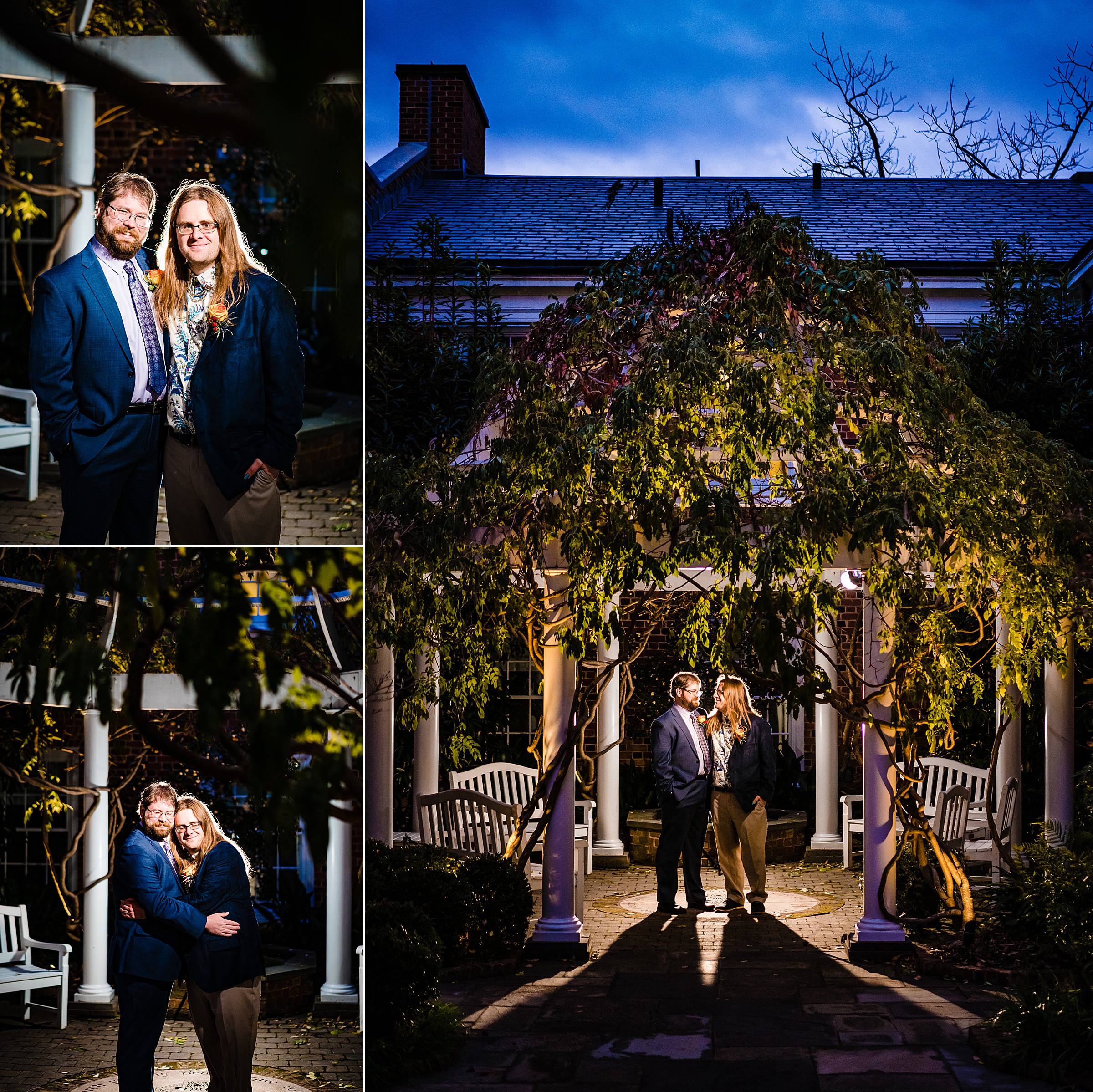 Nighttime portraits from Raleigh wedding photographers of two grooms after their Chapel Hill same-sex wedding