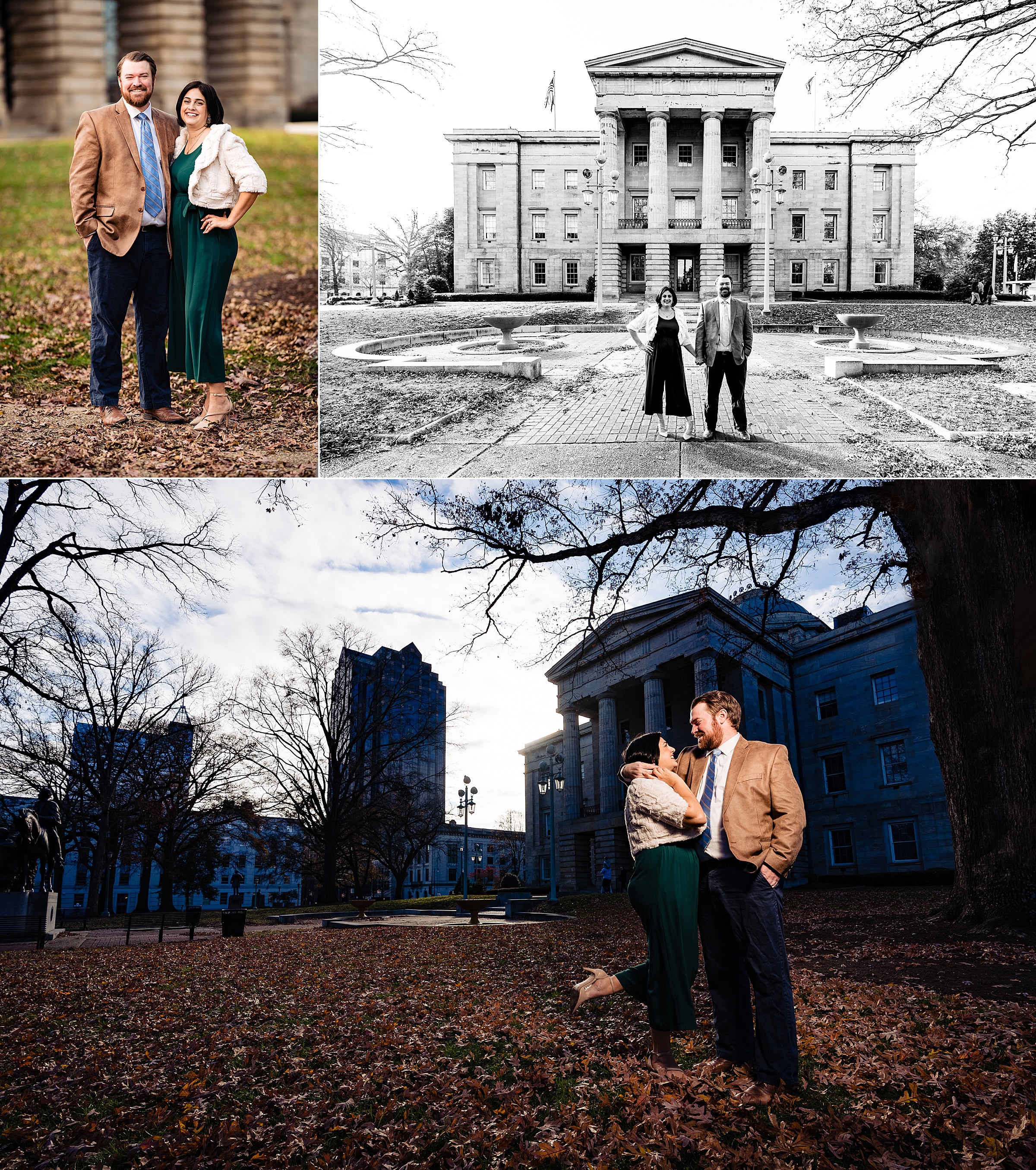 Downtown Raleigh engagement photos at the NC State Capitol building by Raleigh wedding photographers