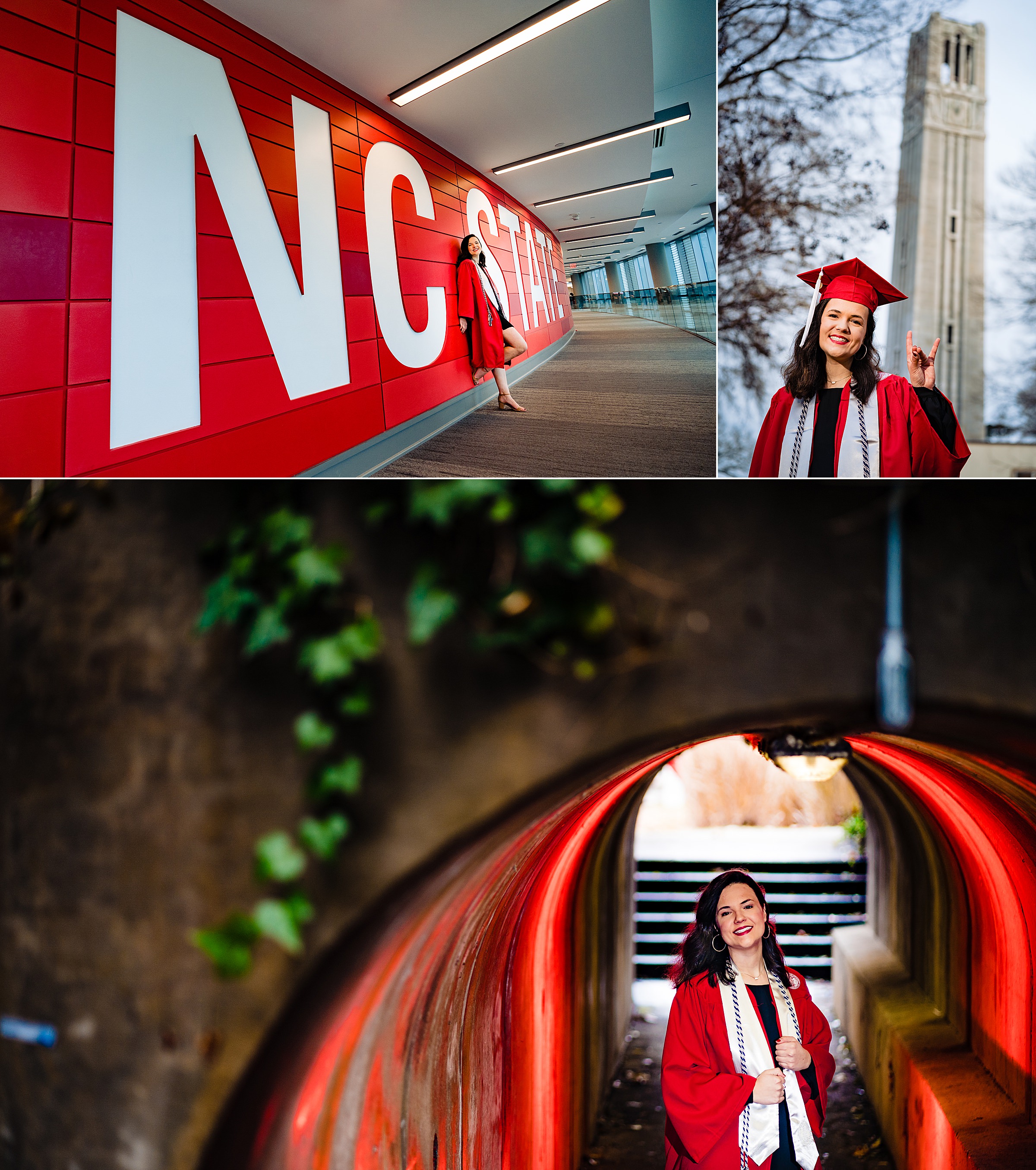An NC State Graduate poses in her red graduation robe for senior portraits at NC State's Raleigh, North Carolina campus - collage featuring the NC State sign in the student union, The NC State Bell Tower, and one of the tunnels that cuts through campus | kivusandcamera.com