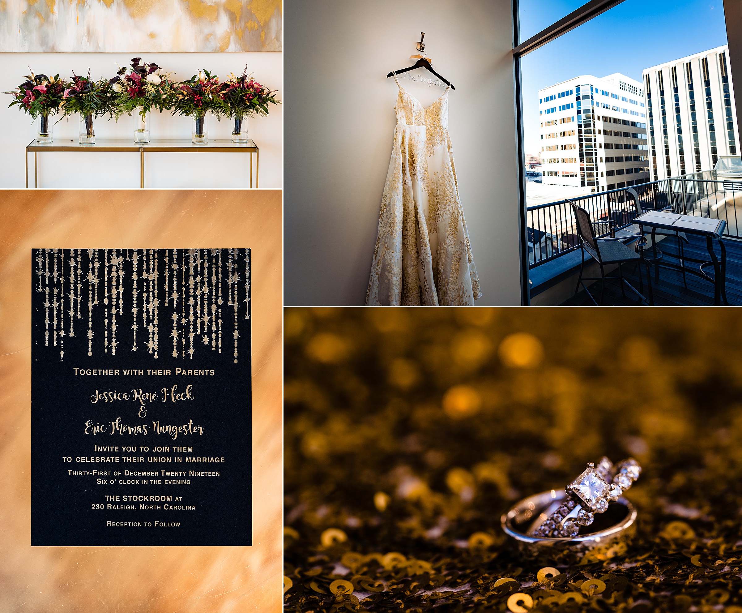 Collage of photos showing details from a New Year's wedding at the Stockroom in Raleigh, NC. Details include purple and gold bouquets, the bride's white and gold dress, a black and gold invitation, and the couple's wedding rings | kivusandcamera.com