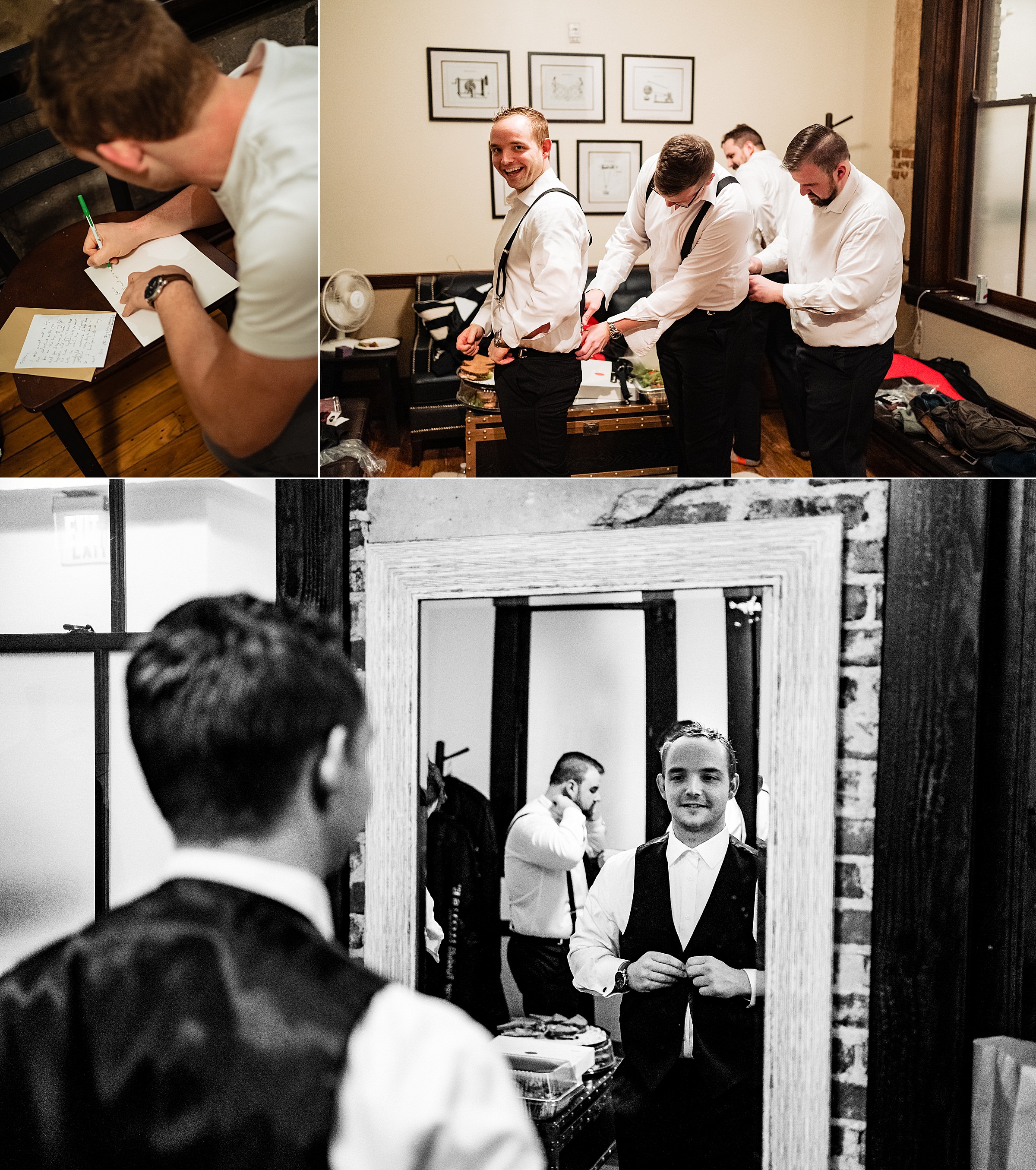 Collage of photos for a groom getting ready for his wedding at the Stockroom in Raleigh, NC: he writes a letter to his bride, his groomsmen help him put on his suspenders, and he buttons up his vest | kivusandcamera.com