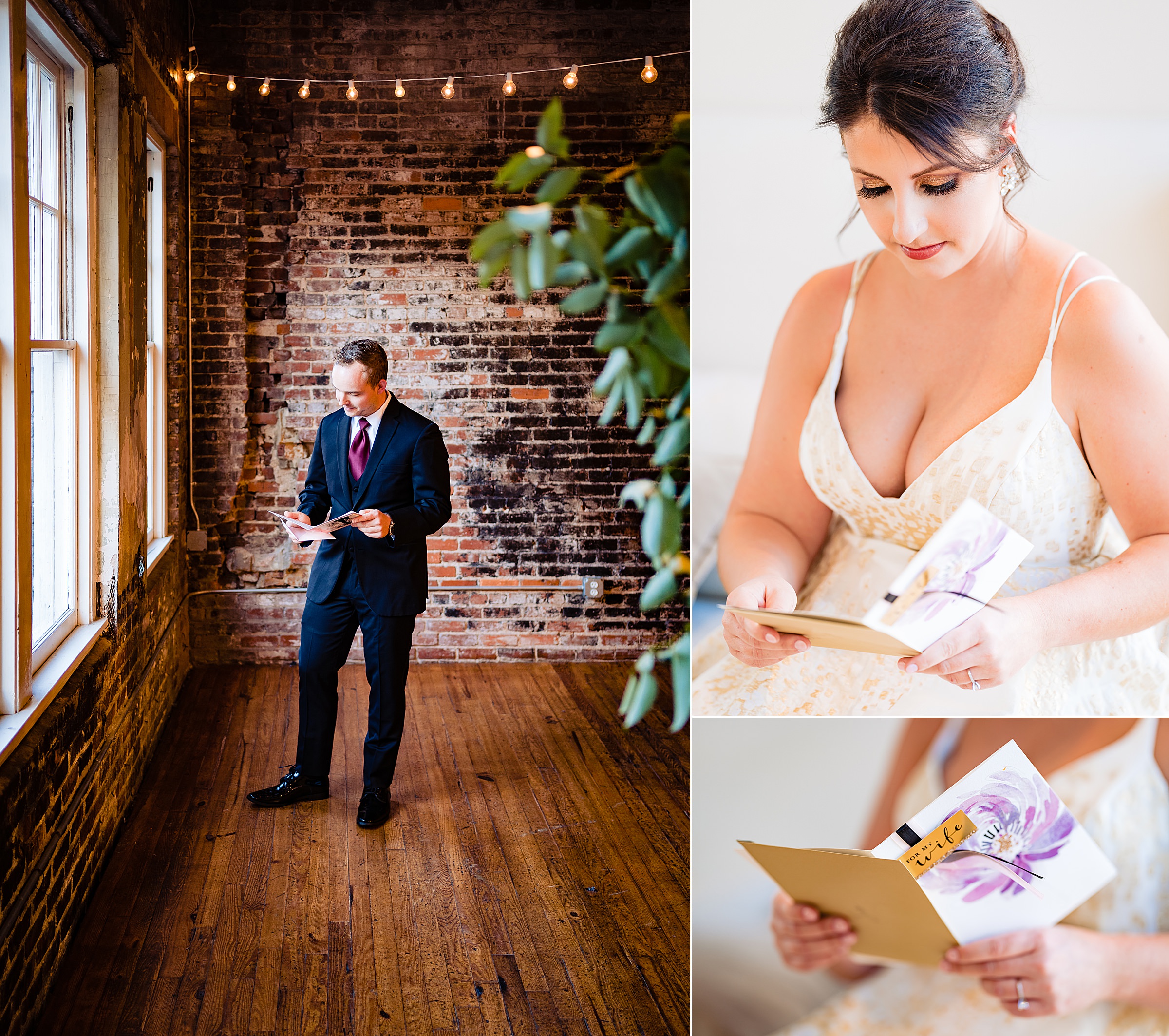 Collage of wedding day images at The Stockroom in Raleigh: In one, the groom reads a letter from the bride. In the others, the bride reads a letter from the groom | kivusandcamera.com