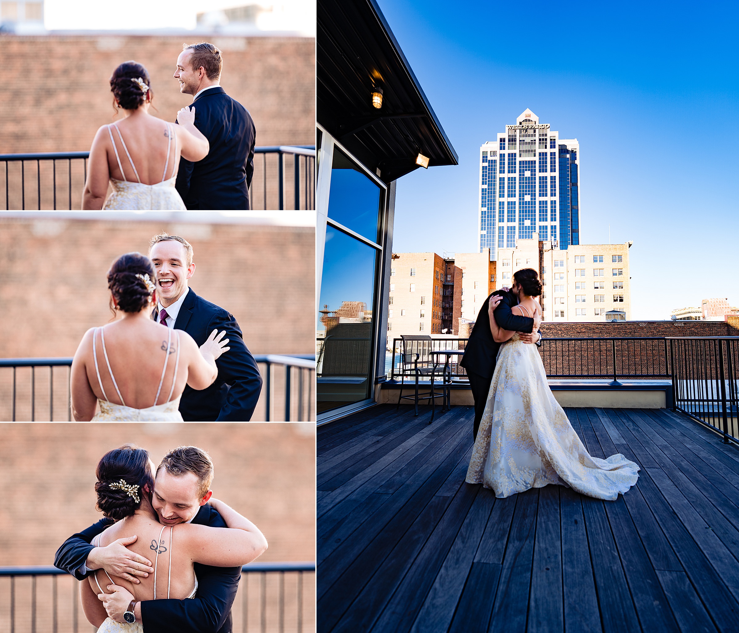 A bride and groom share their First look on their wedding day on the terrace of The Glass Box overlooking downtown Raleigh | kivusandcamera.com