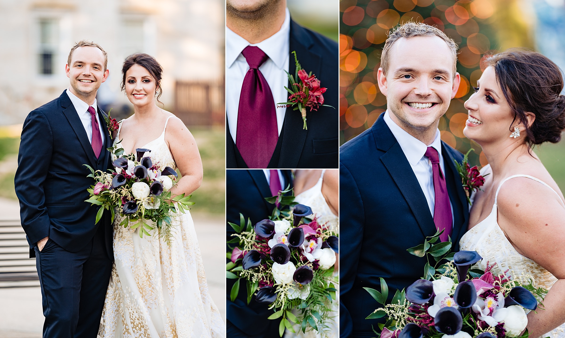 Collage of portraits of a couple on their wedding day. The location is downtown Raleigh. The bride is wearing a white and gold dress and her bouquet has purple, white and gold flowers. The groom is in a navy suit with a wine-colored tie. | kivusandcamera.com