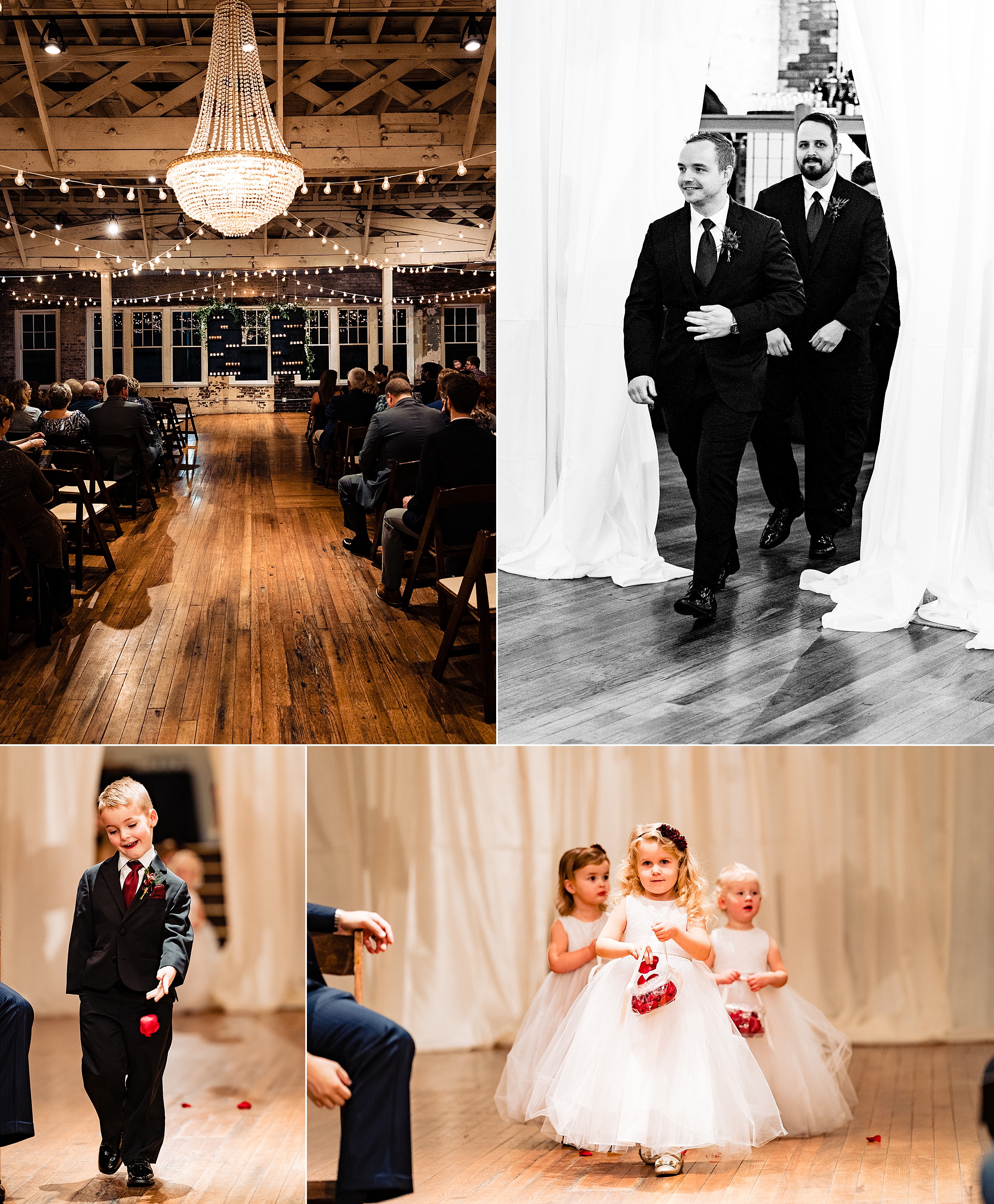 Collage of photos from a wedding ceremony, including a photo of the groom entering, a ring bearer dropping flower petals, and several flower girls carrying baskets. Wedding venue is the Stockroom in Raleigh, NC | kivusandcamera.com