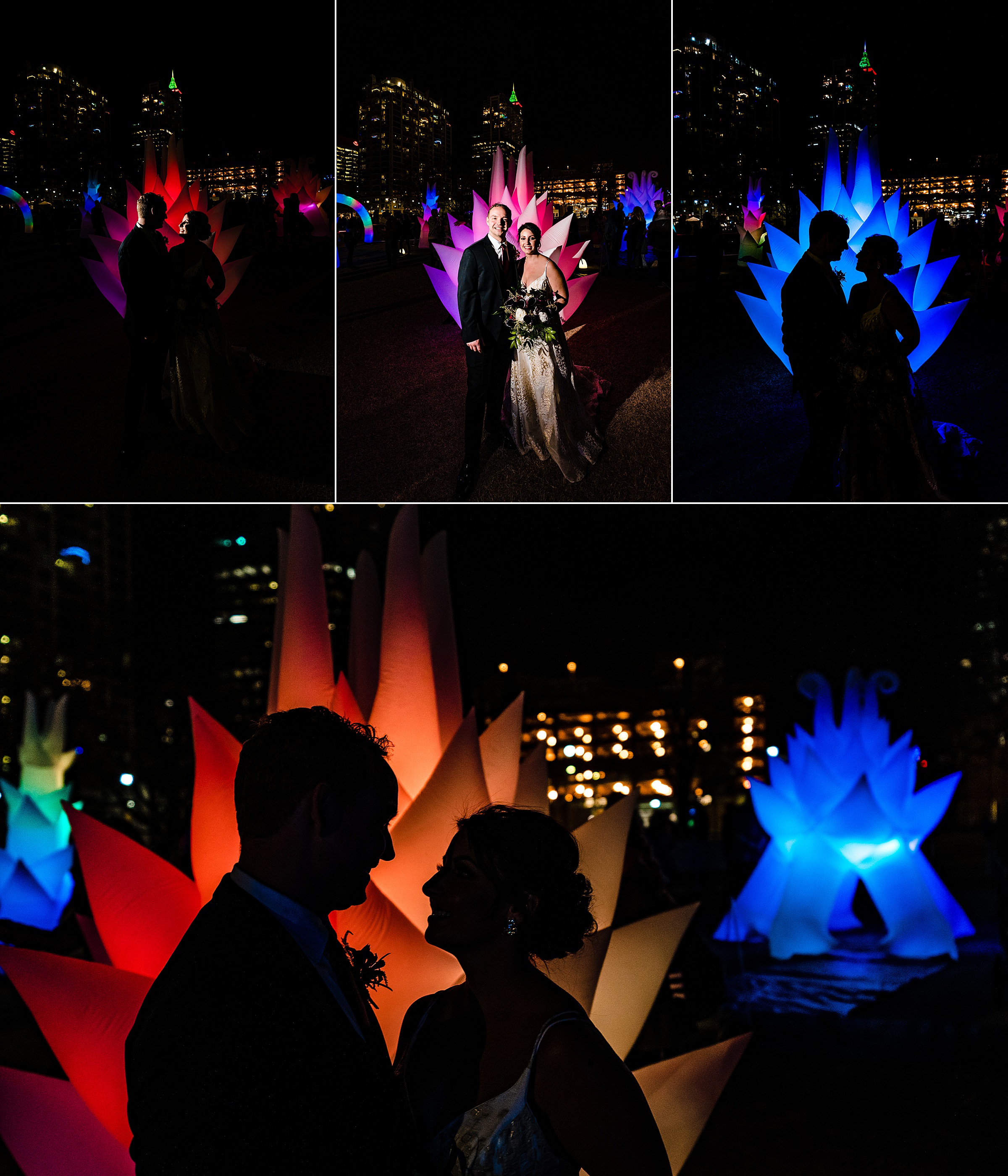 Collage of photos of bride and groom posing in front of inflatable, color-changing art installation resembling a giant lotus blossom. The installation, from Artsplsoure, is in Moore Square in downtown Raleigh | kivusandcamera.com