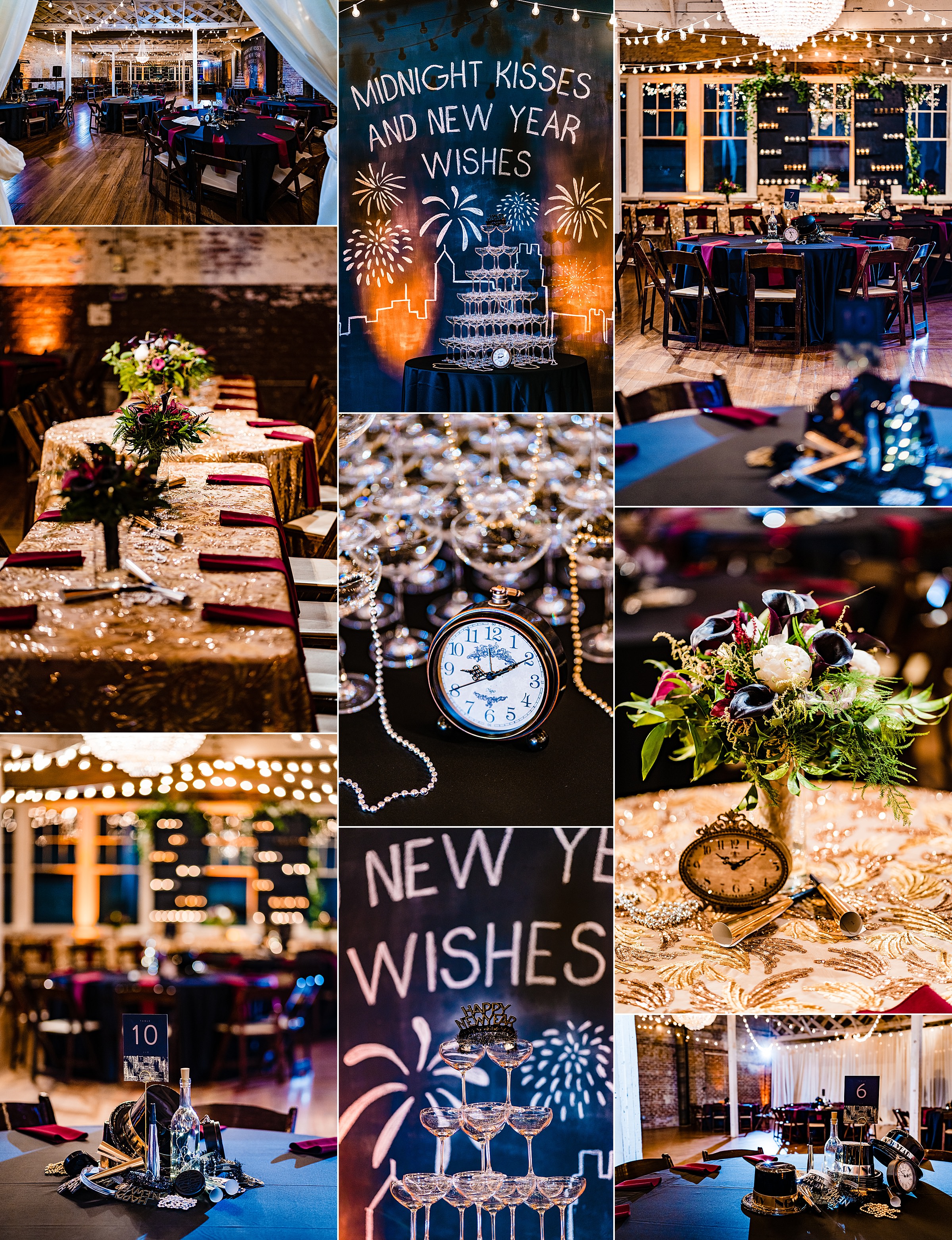 Collage of wedding reception details from a New Year's Eve wedding at The Stockroom in Raleigh. Decorations include a champagne tower, party hats, noisemakers, antique clocks, and strands of pearls | kivusandcamera.com